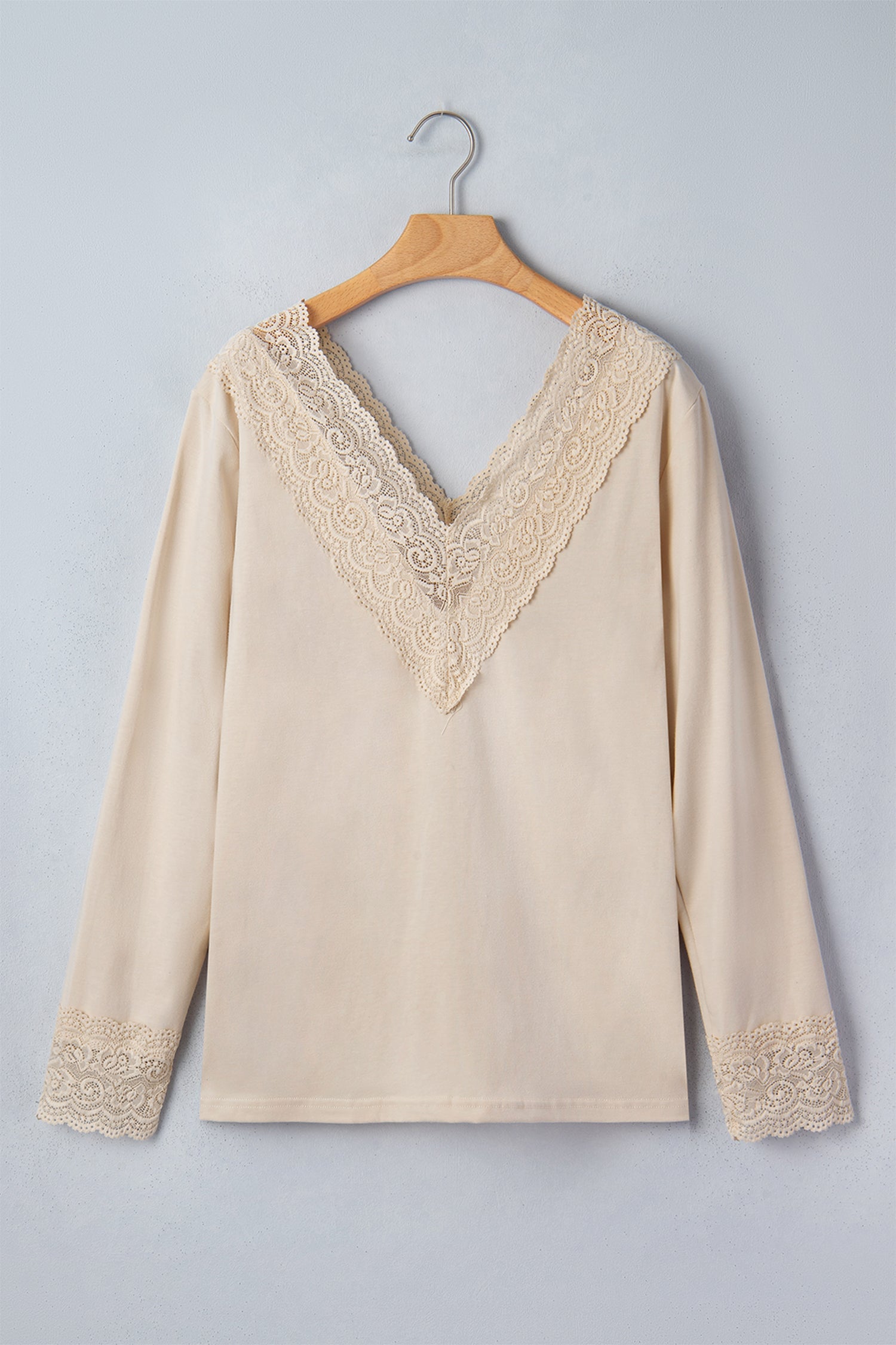 Lace Trim V-Neck Patchwork Long Sleeve Top