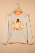 Pumpkin Floral Embroidered Round Neck Sweater