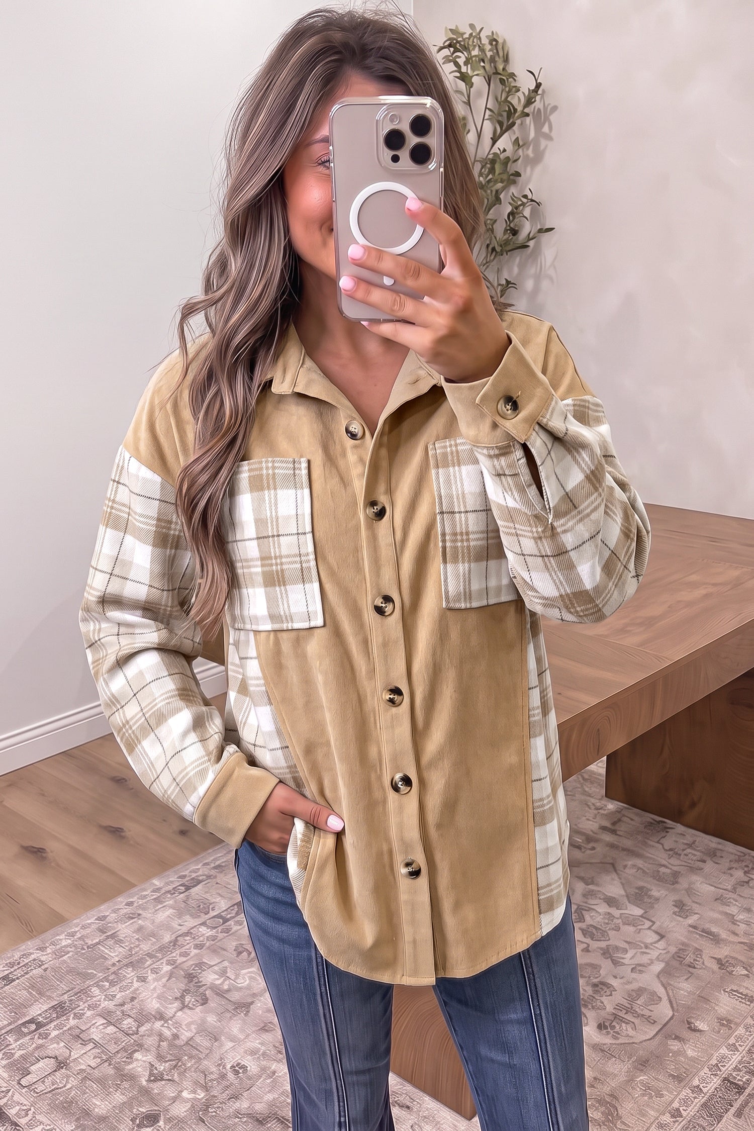 Plaid Colorblock Patch Pocket Buttoned Shacket