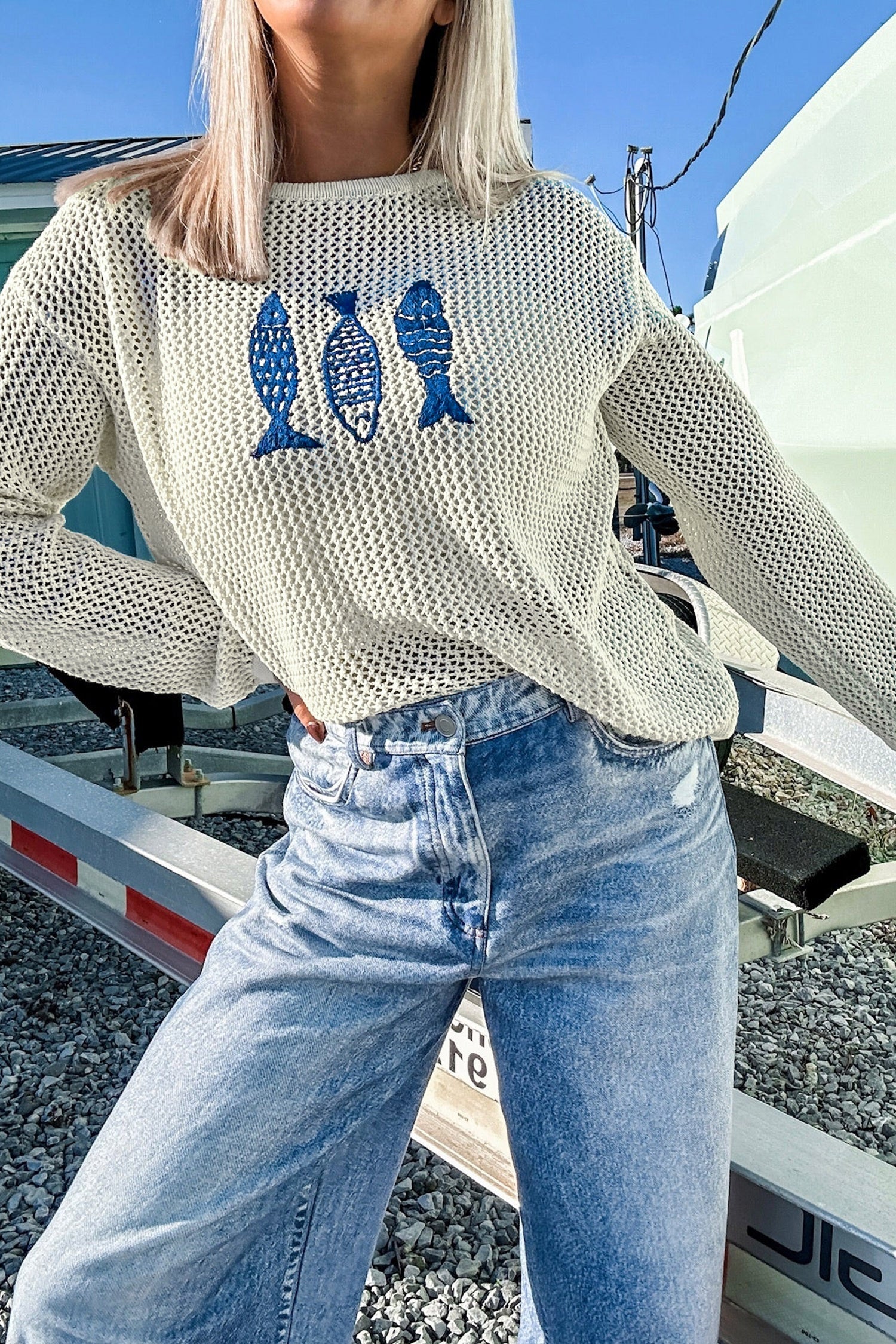 Fish Embroidered Crew Neck Crochet Knit Sweater