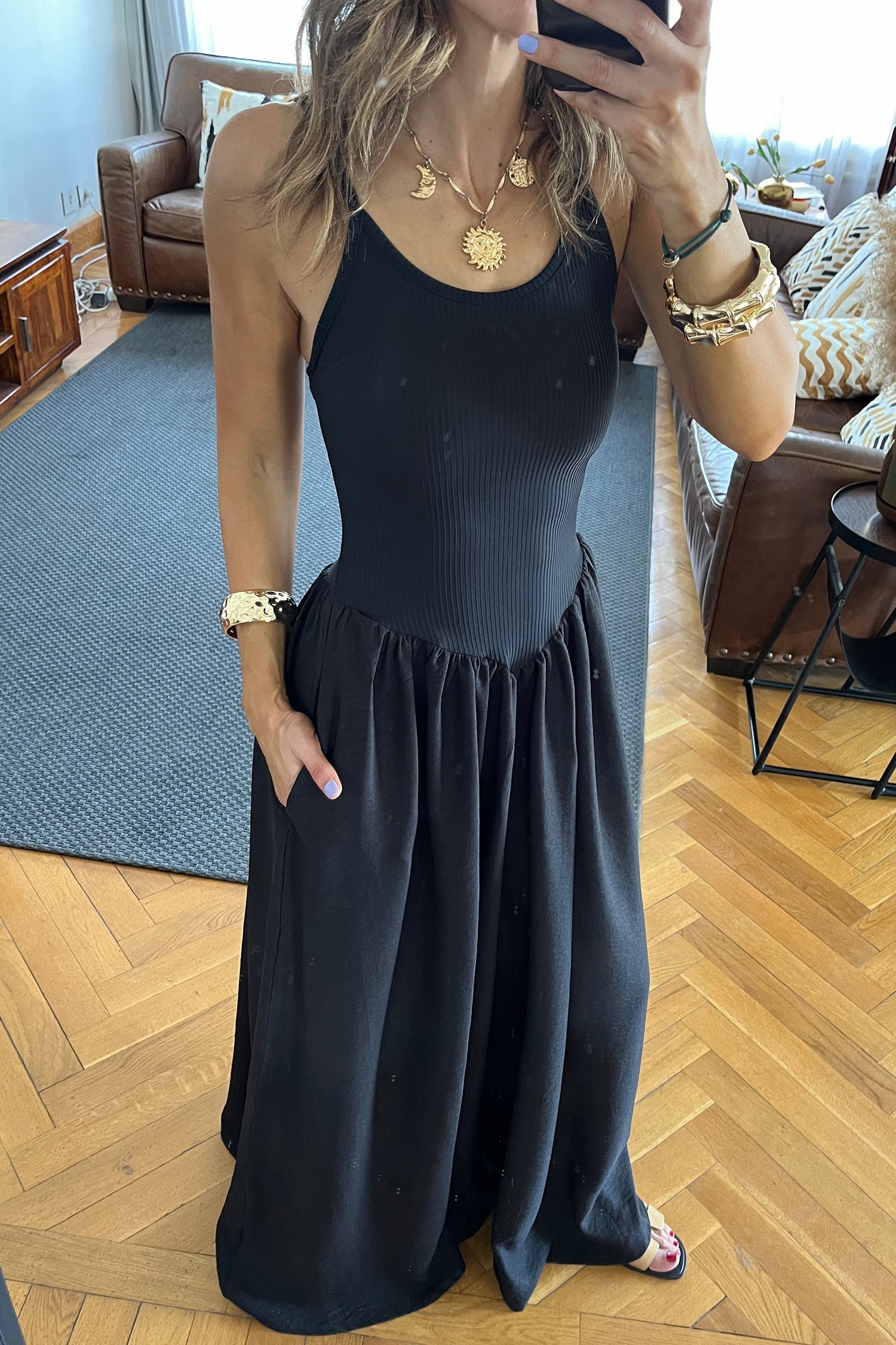 Solid Ribbed Patchwork Drop Waist Maxi Dress