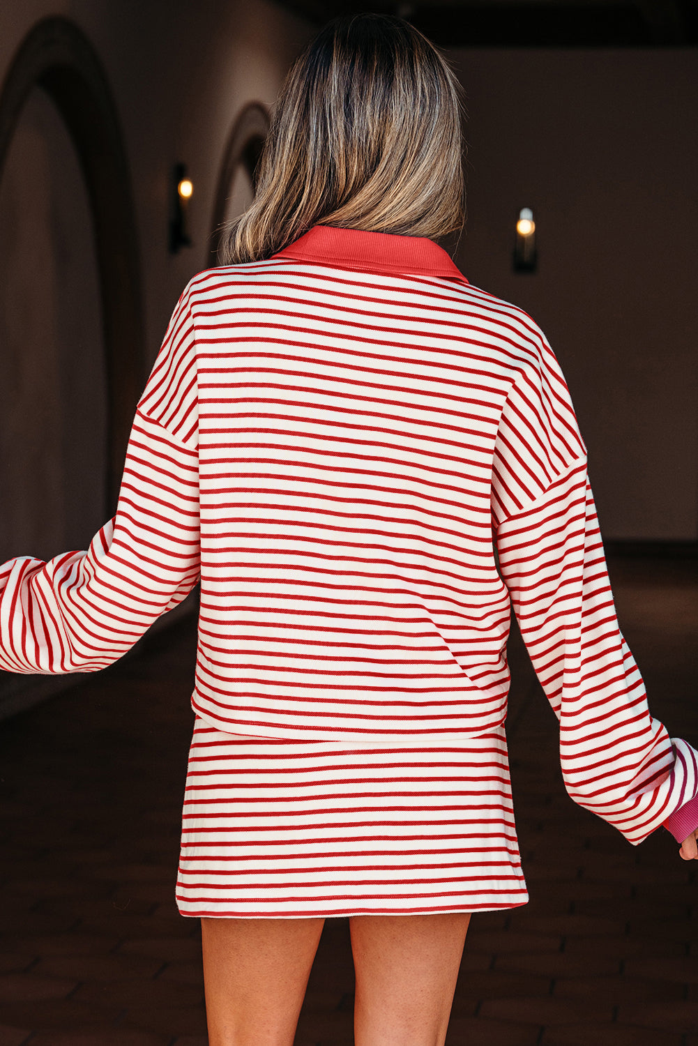 Stripe Collared V-Neck Pullover and Skort Set