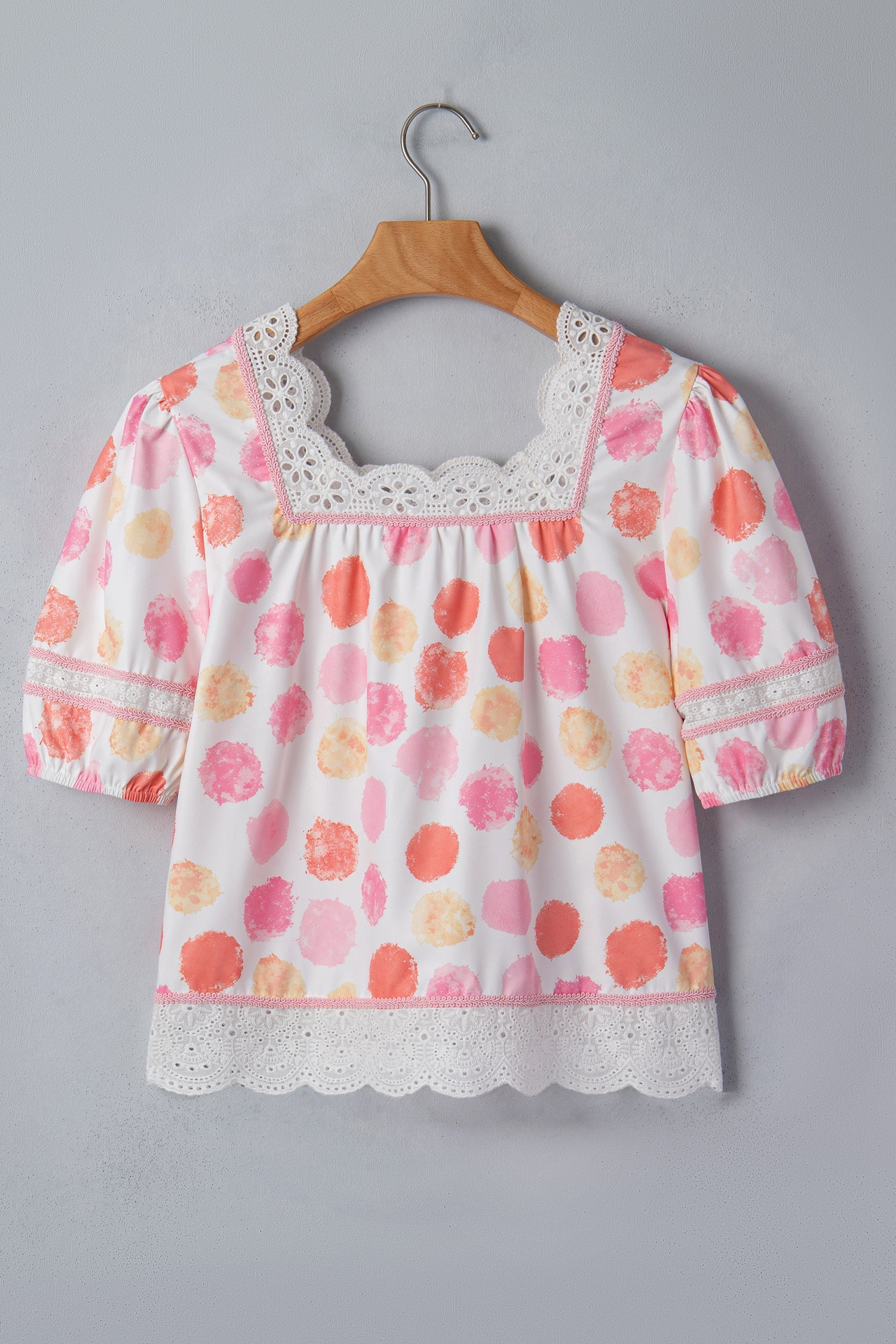 Polka Dot Lace Trim Square Neck Puff Sleeve Blouse