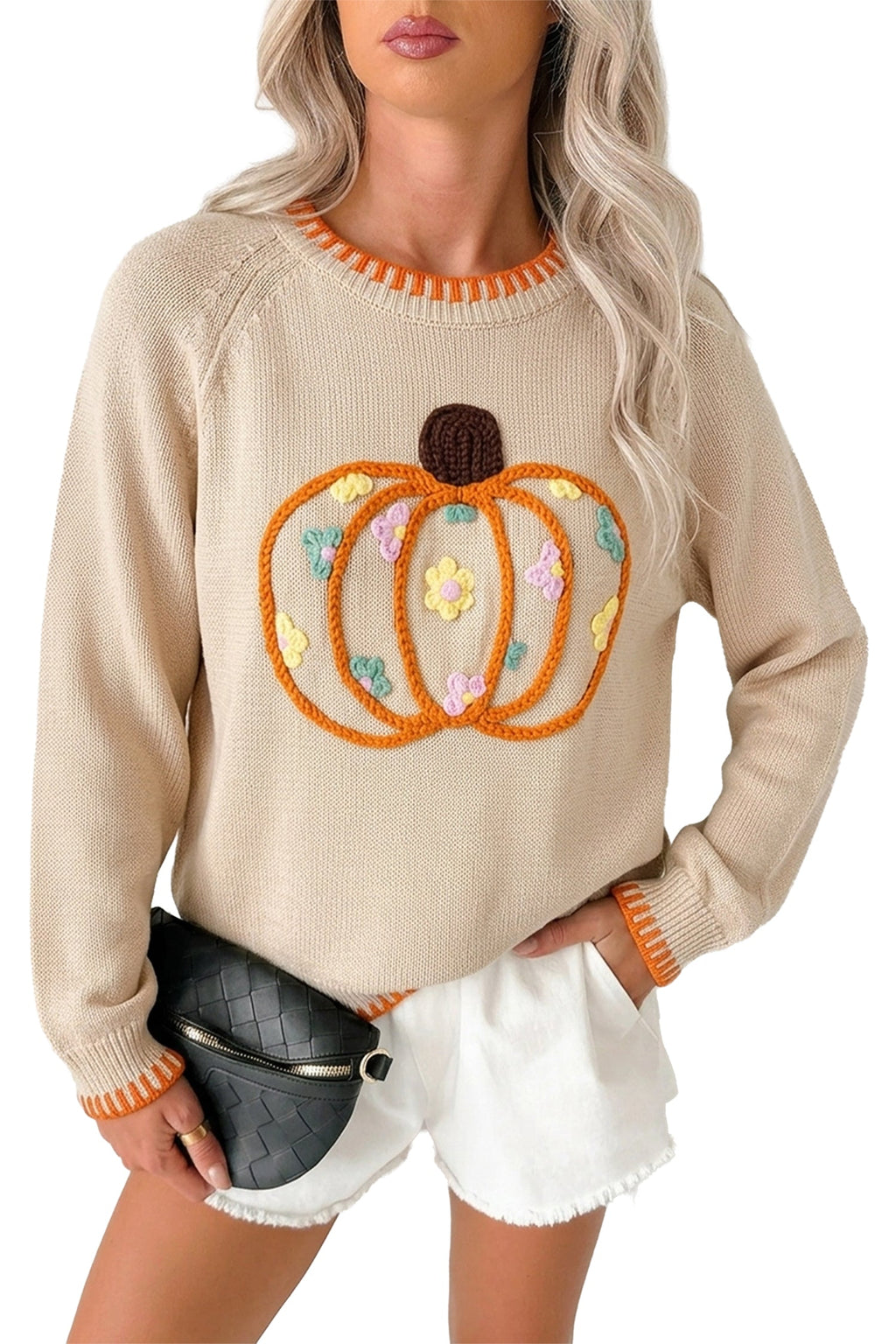 Pumpkin Floral Embroidered Round Neck Sweater