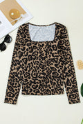 Leopard & Floral Square Neck Long Sleeve T-Shirt