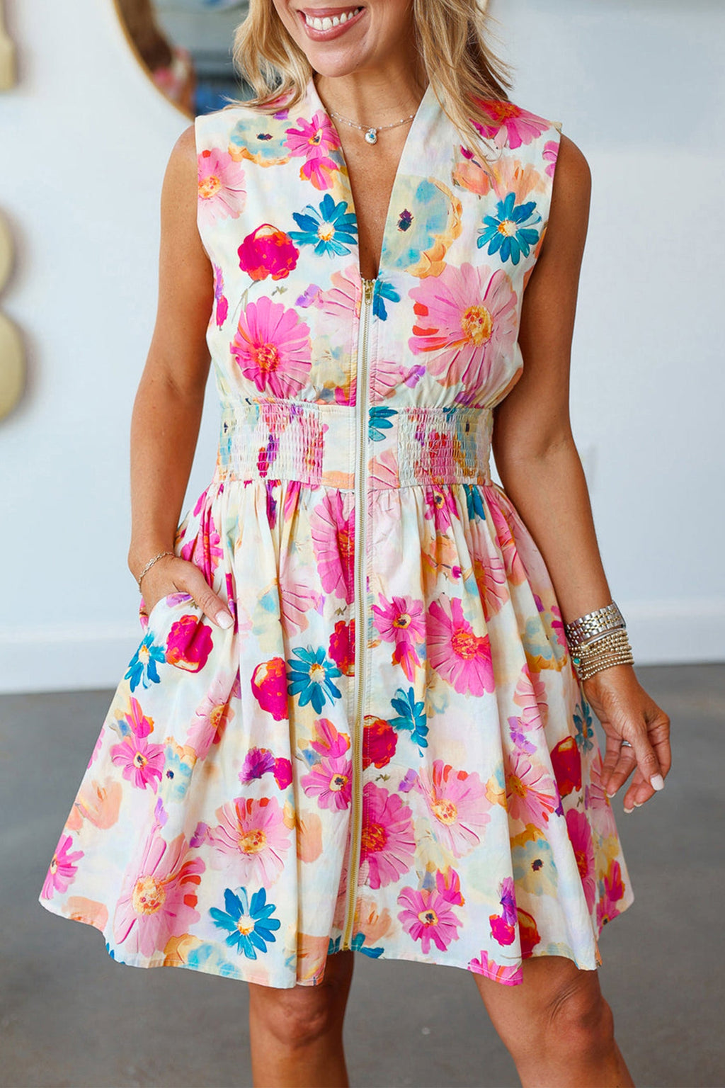 Floral Zip Up V-Neck Smocked Flared Mini Dress