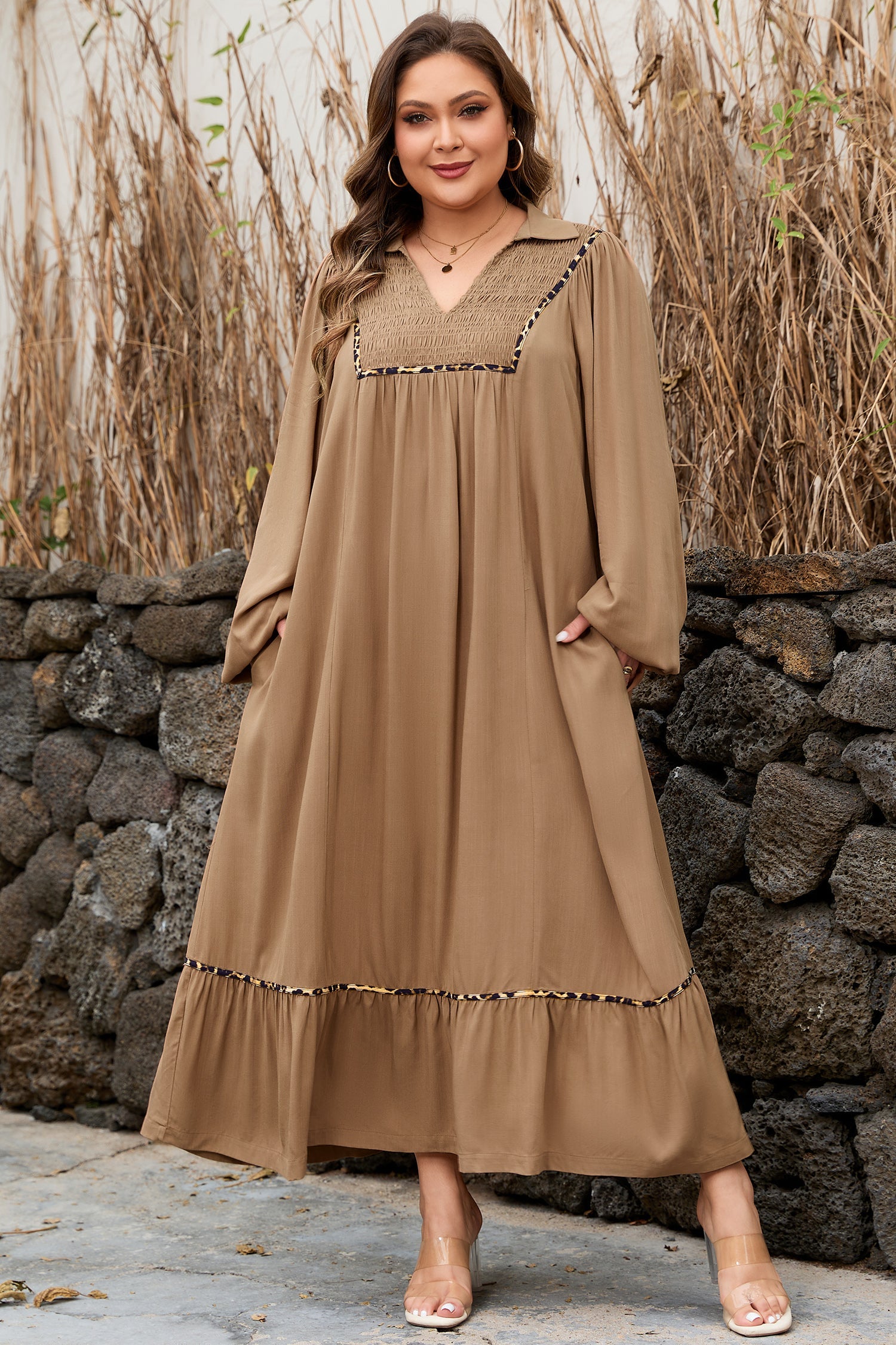Plus Size Smocked V-Neck Leopard Piping Maxi Dress