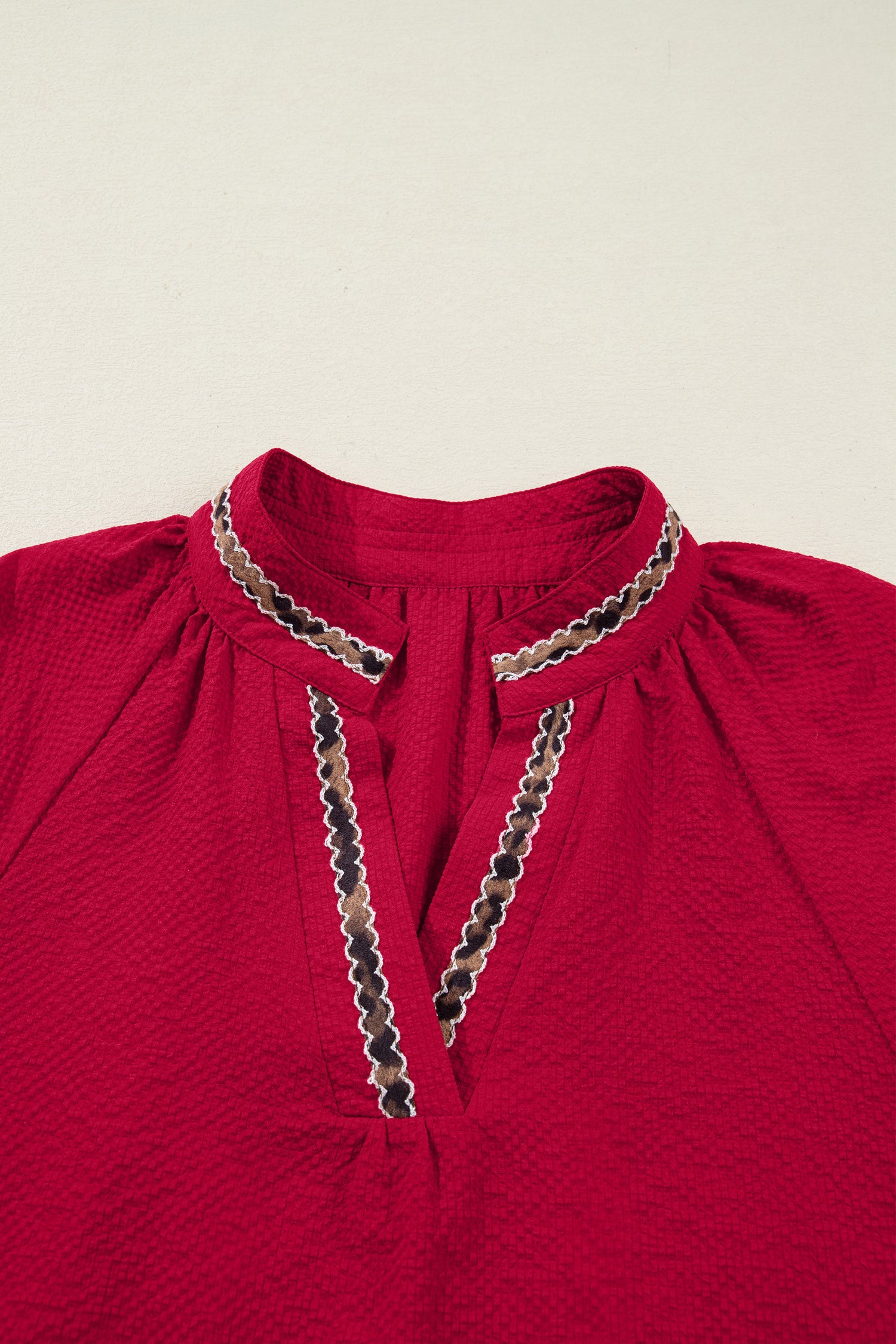 Leopard Contrast Trim V-Neck Long Sleeve Blouse