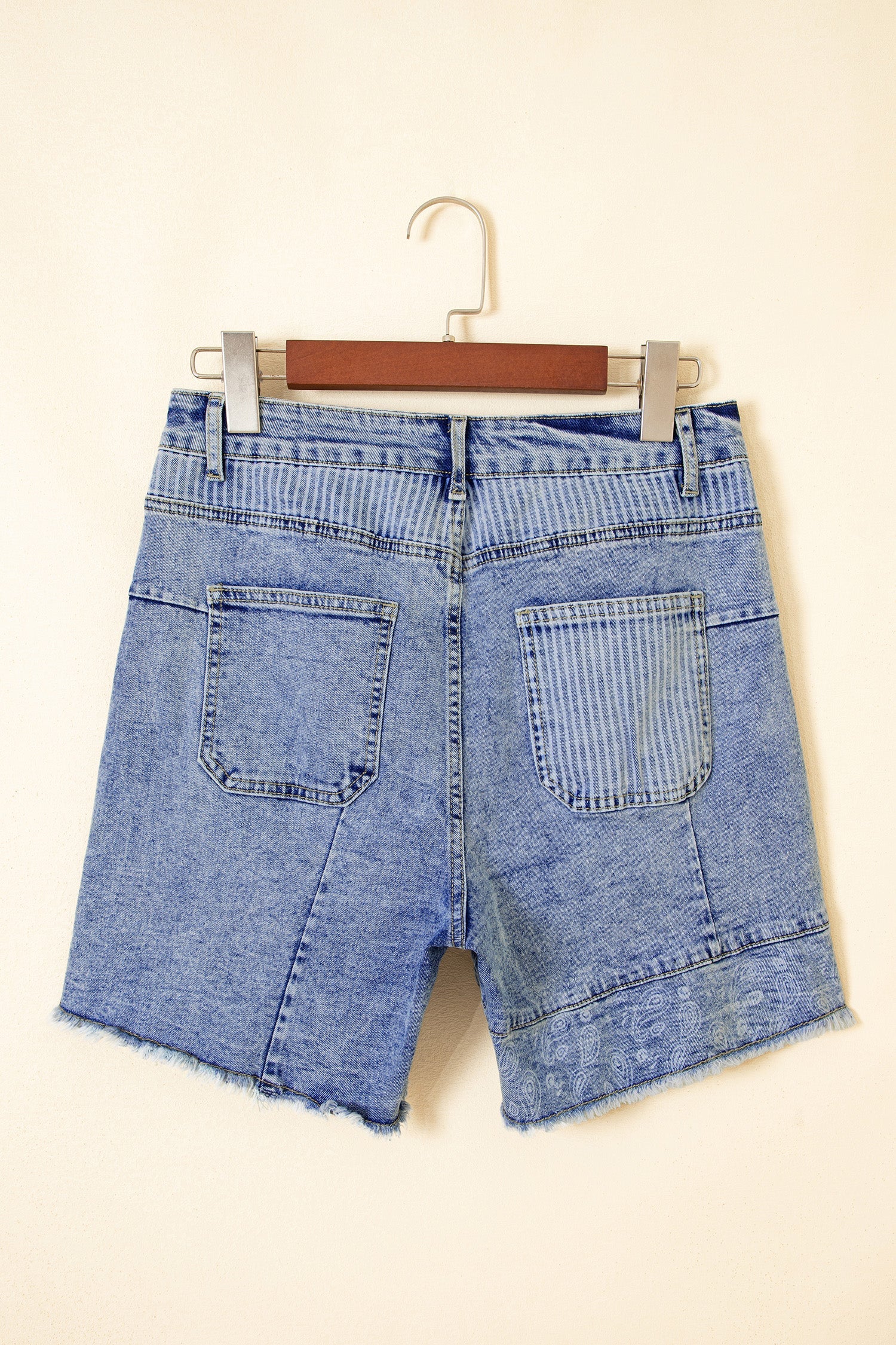 Stripe Denim Paisley Patchwork Raw Hem Shorts
