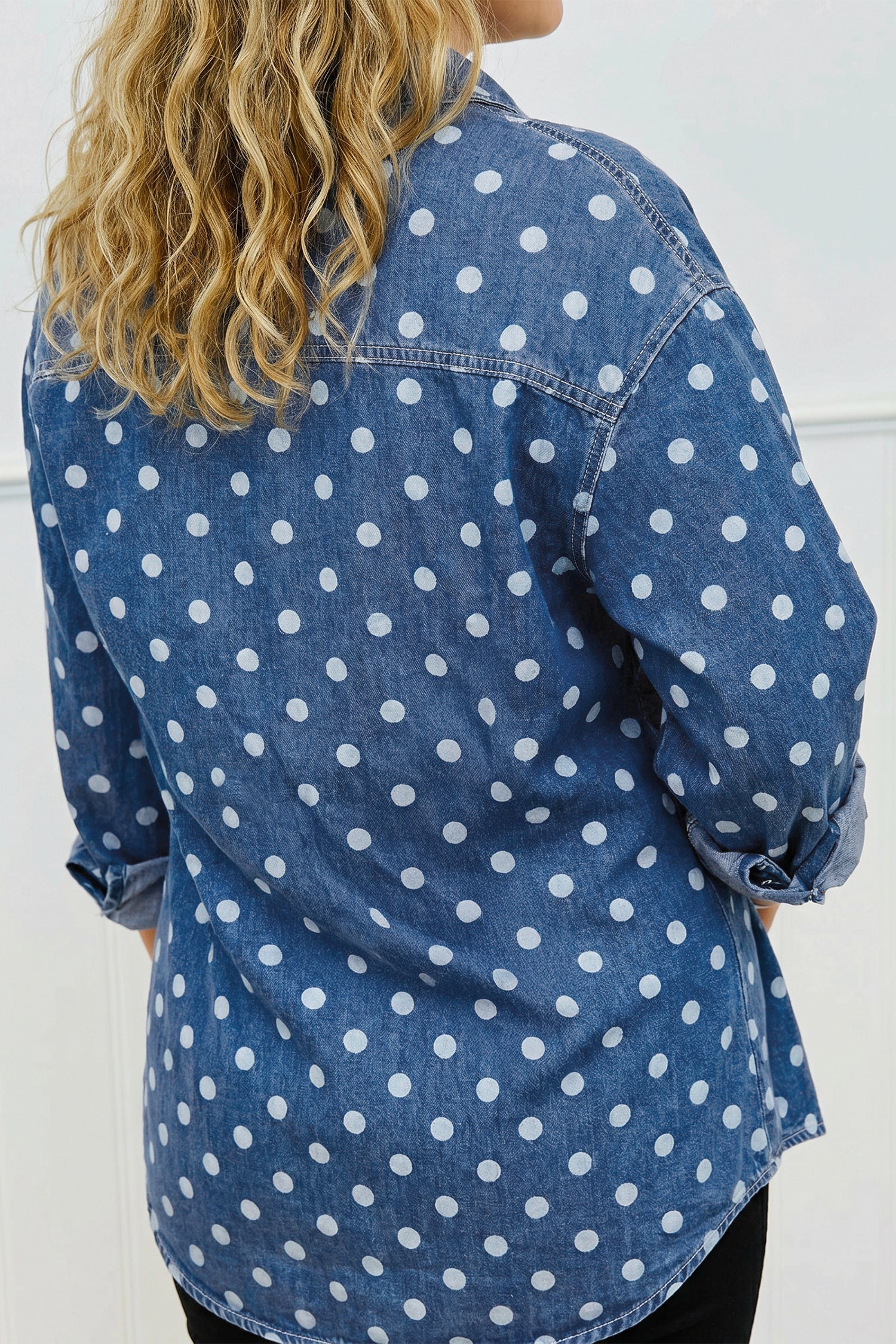 Polka Dot Denim Collared Button Up Jacket