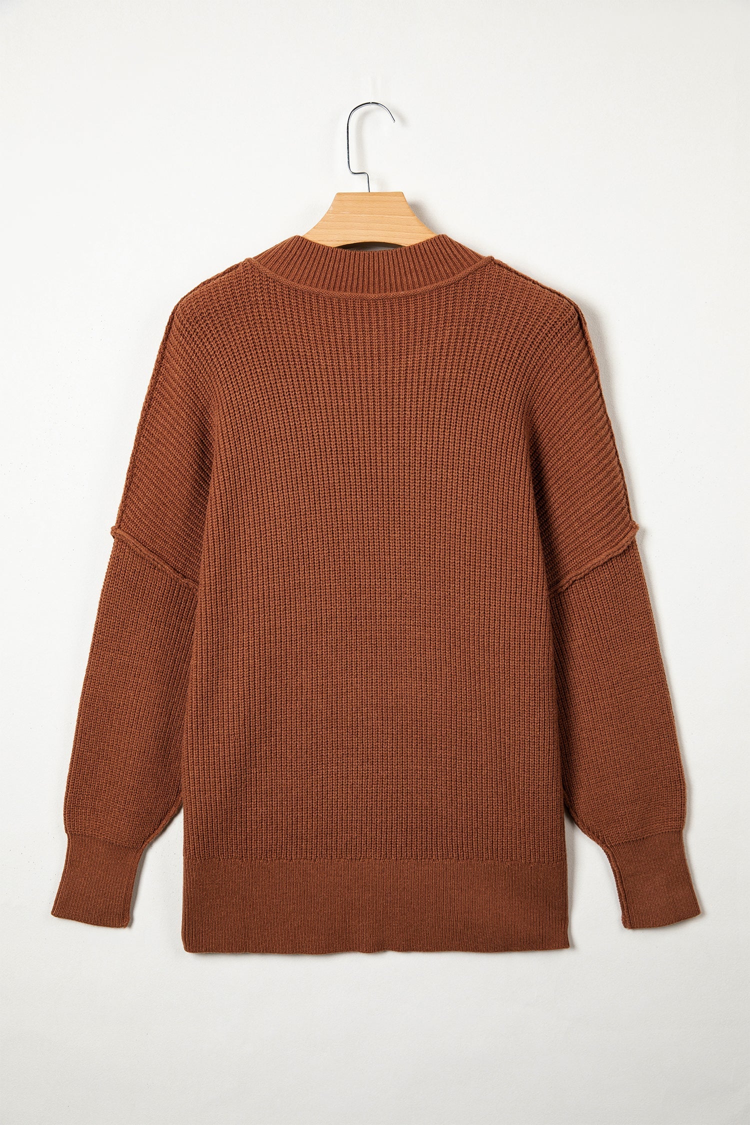 Exposed Hem Drop Shoulder Ribbed Knit Sweater
