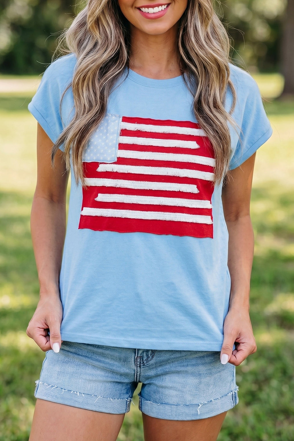 USA Flag Textured Patchwork Cap Sleeve Tee
