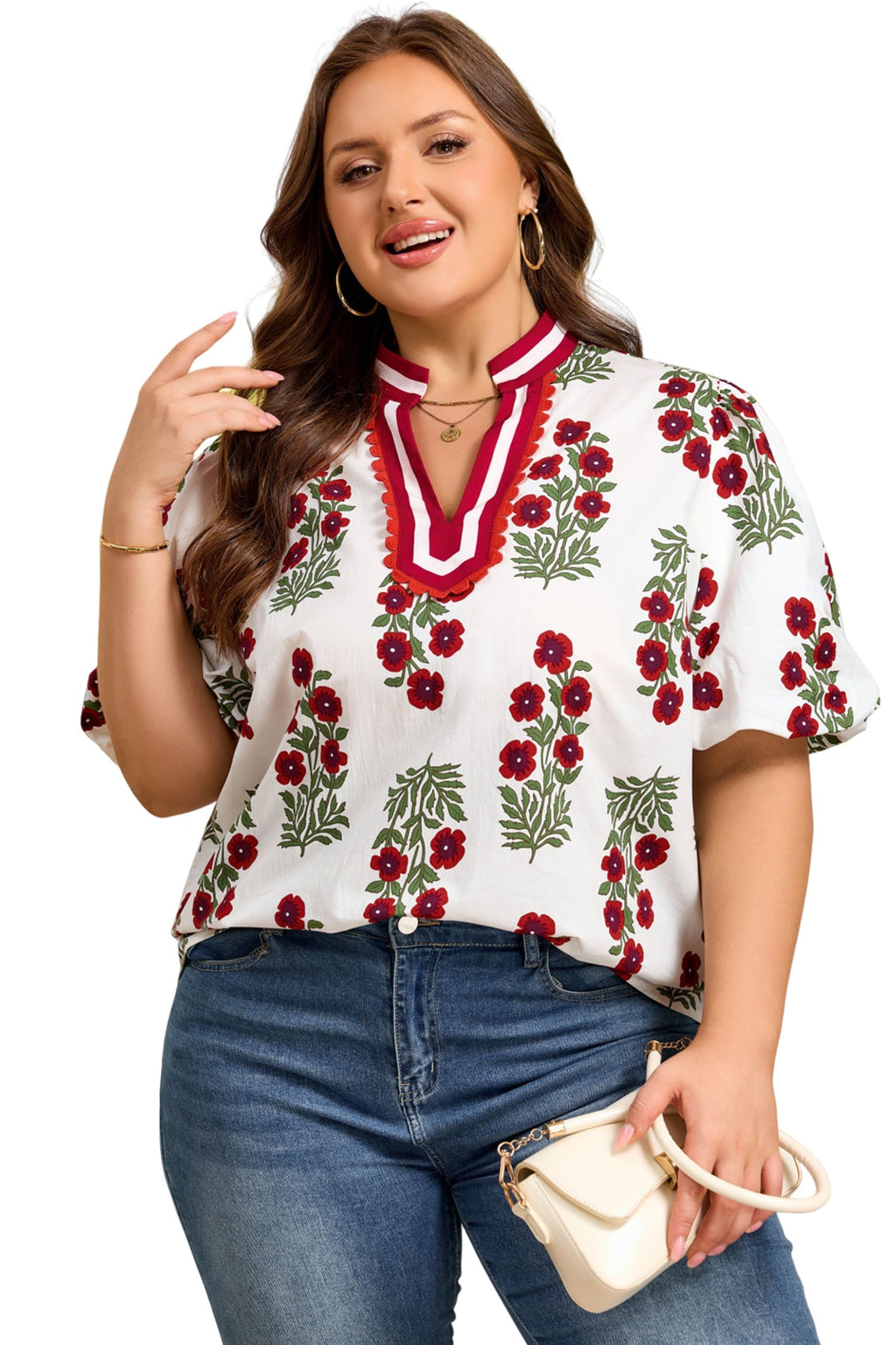 Plus Size Floral Ricrac Trim Short Sleeve Blouse