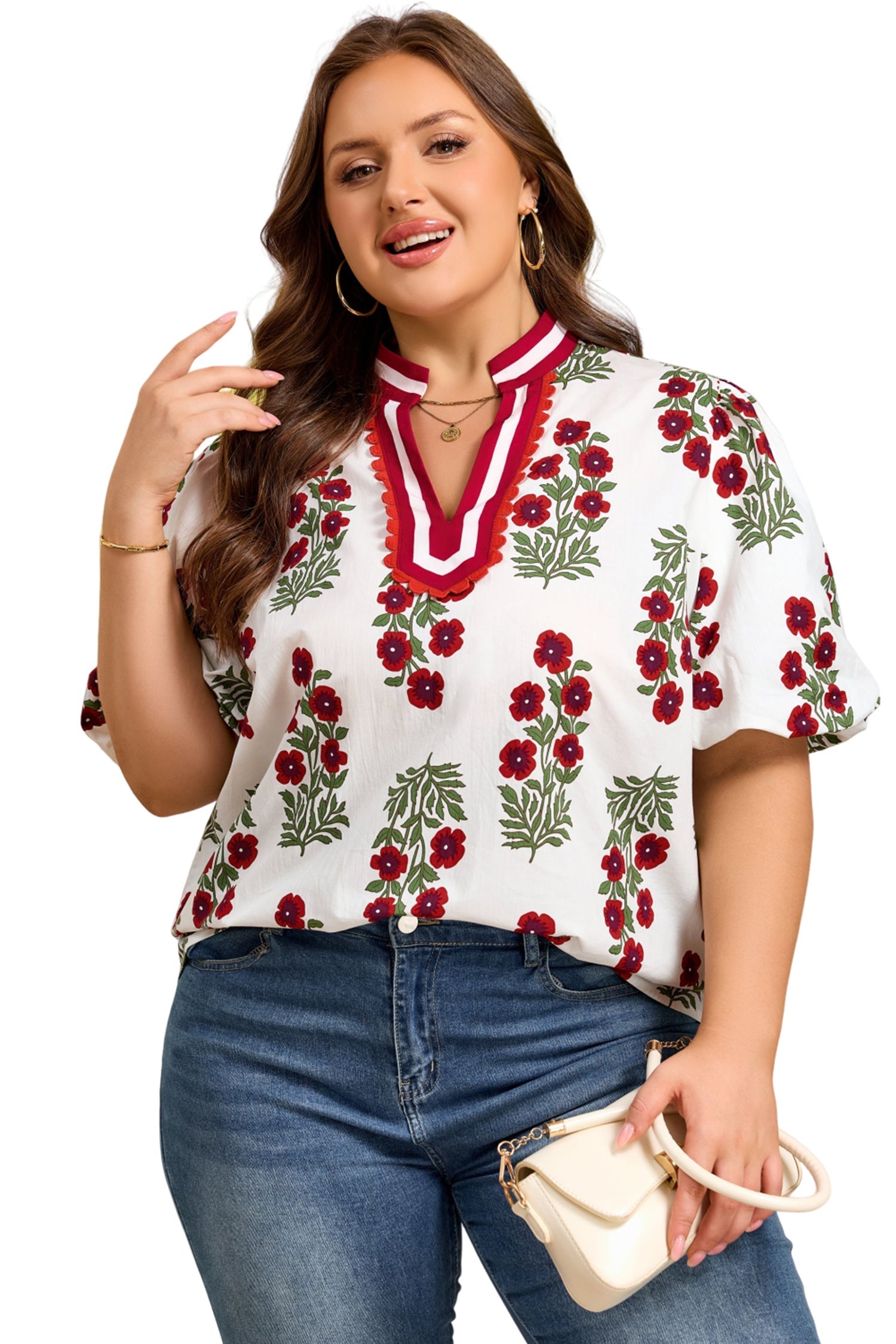 Plus Size Floral Ricrac Trim Short Sleeve Blouse
