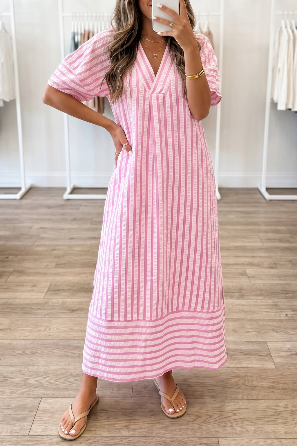 Stripe Short Sleeve V-Neck Maxi Dress