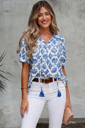 Geometric Tassel Tie V-Neck Short Sleeve Blouse