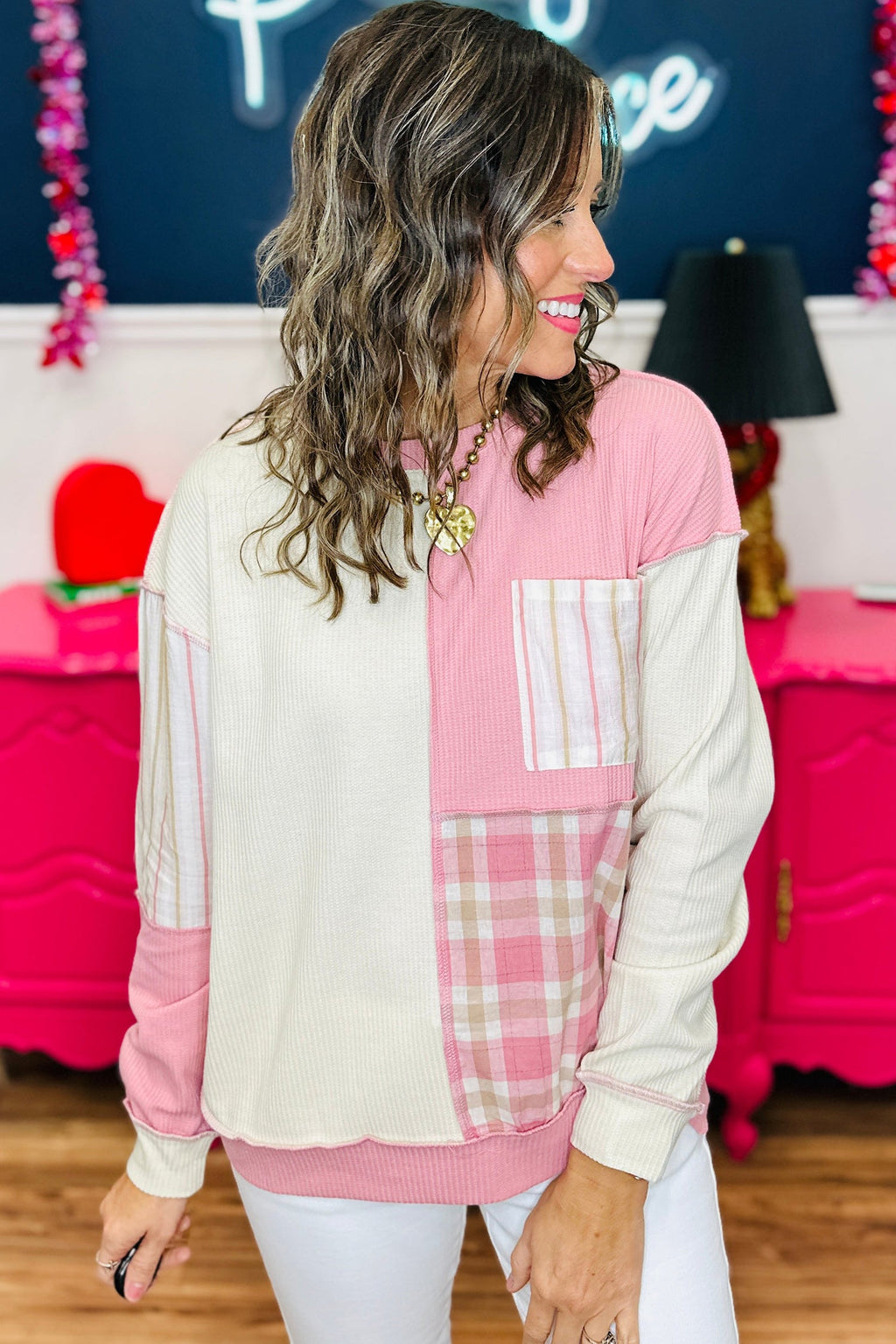 Plus Size Plaid Stripe Patchwork Long Sleeve Blouse