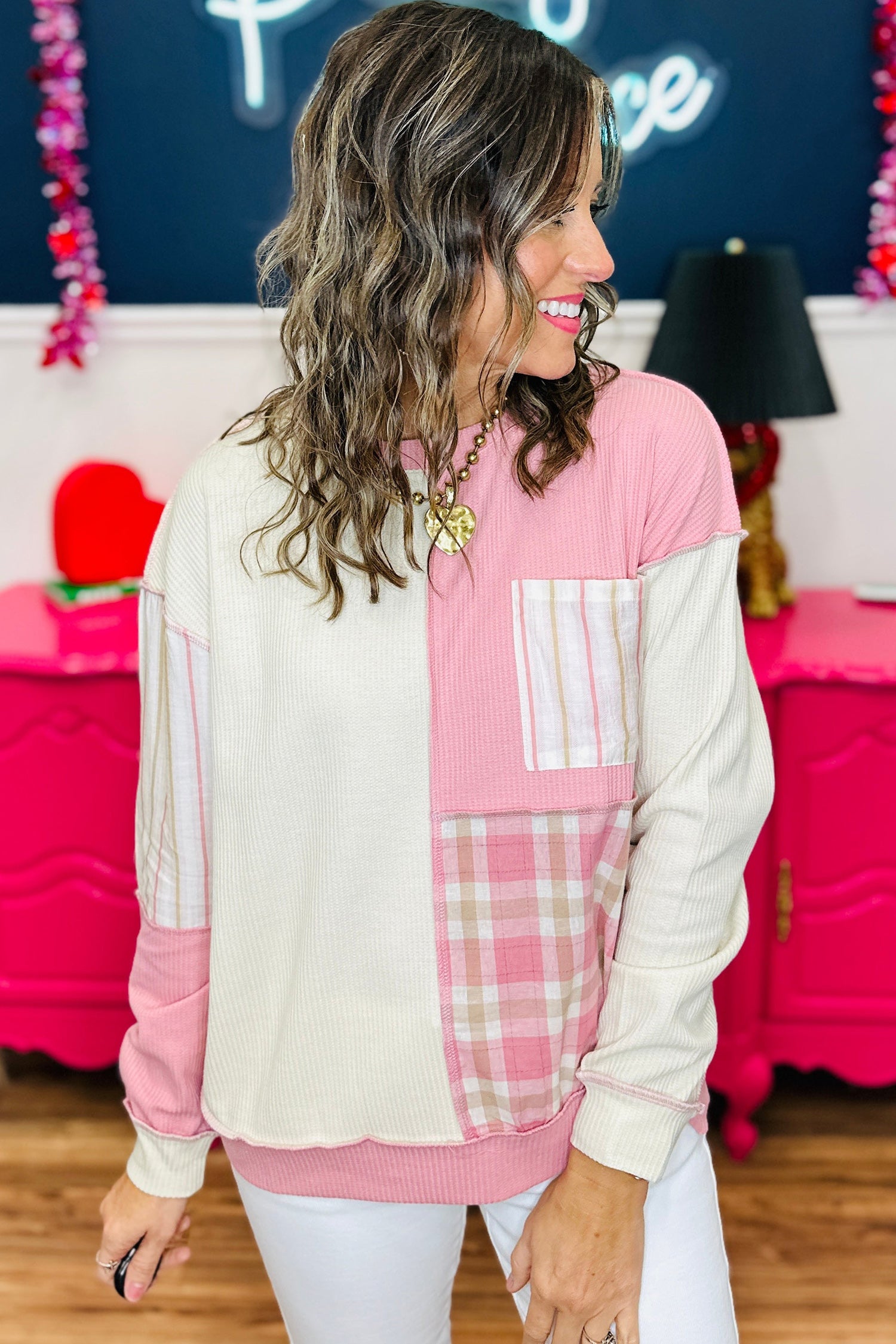 Plus Size Plaid Stripe Patchwork Long Sleeve Blouse