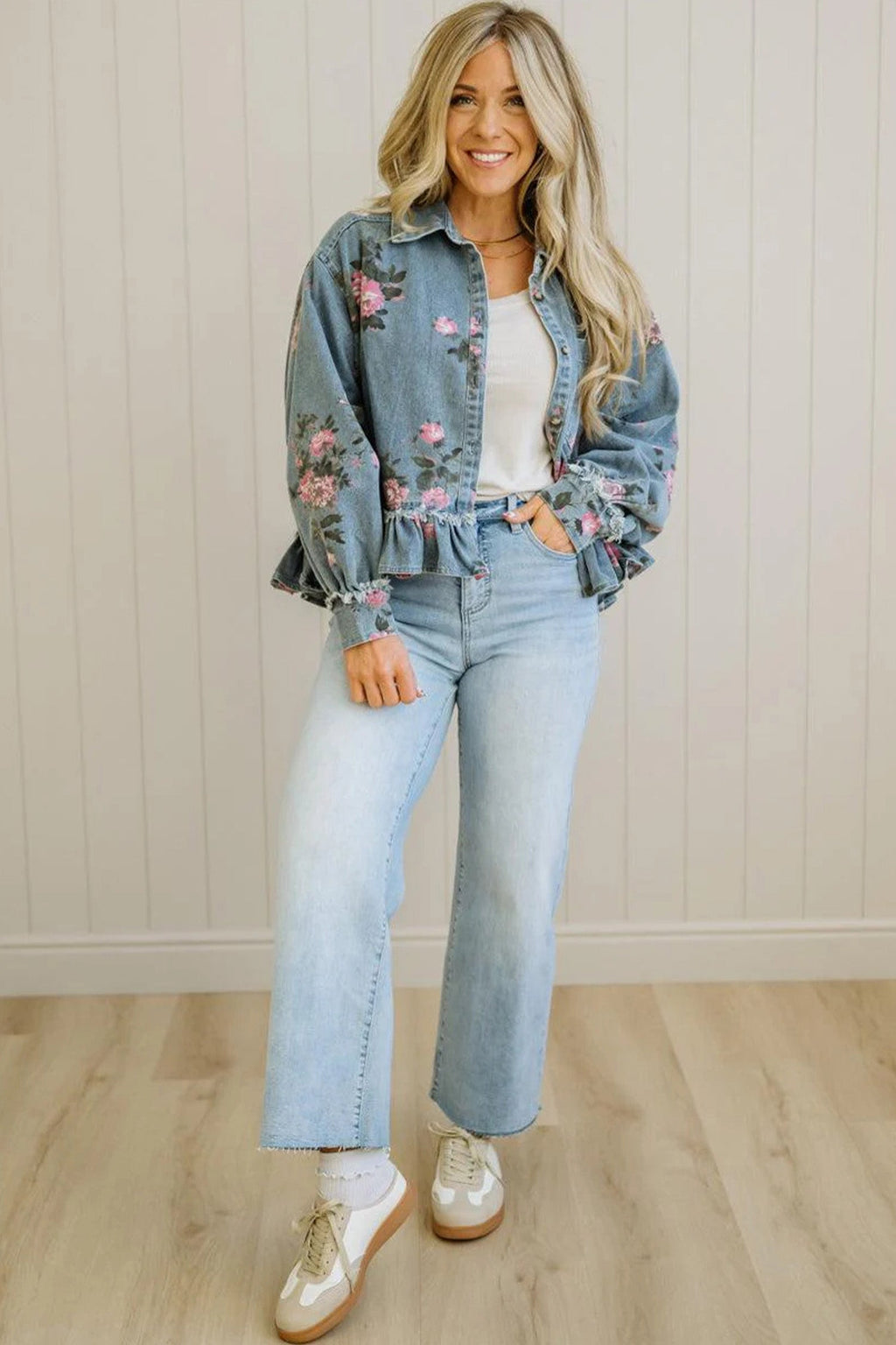 Floral Denim Raw Seam Ruffle Hem Jacket