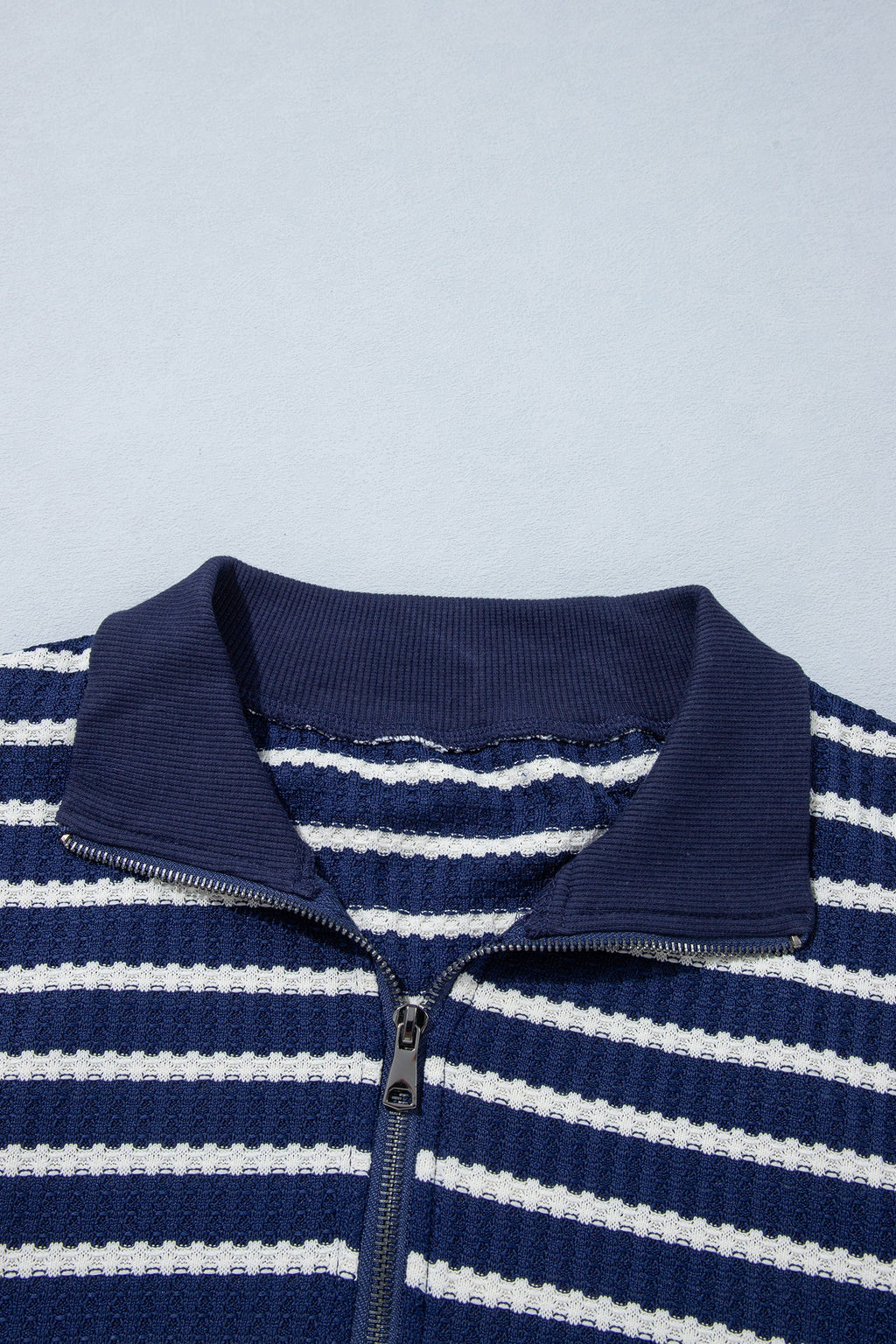 Stripe Half Zip Collared Long Sleeve Textured Knit Top
