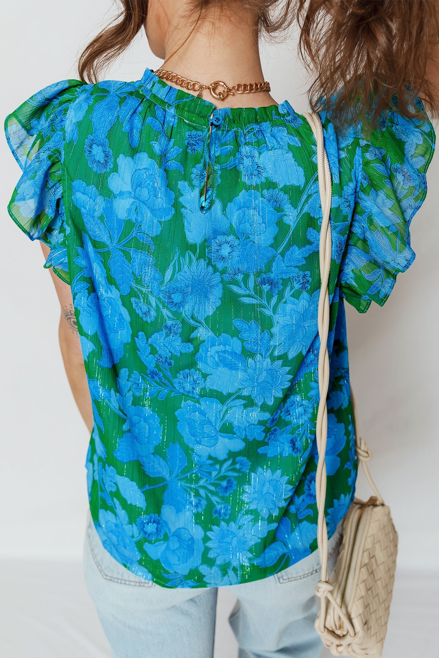 Floral Ruffle Sleeve Keyhole Back Blouse