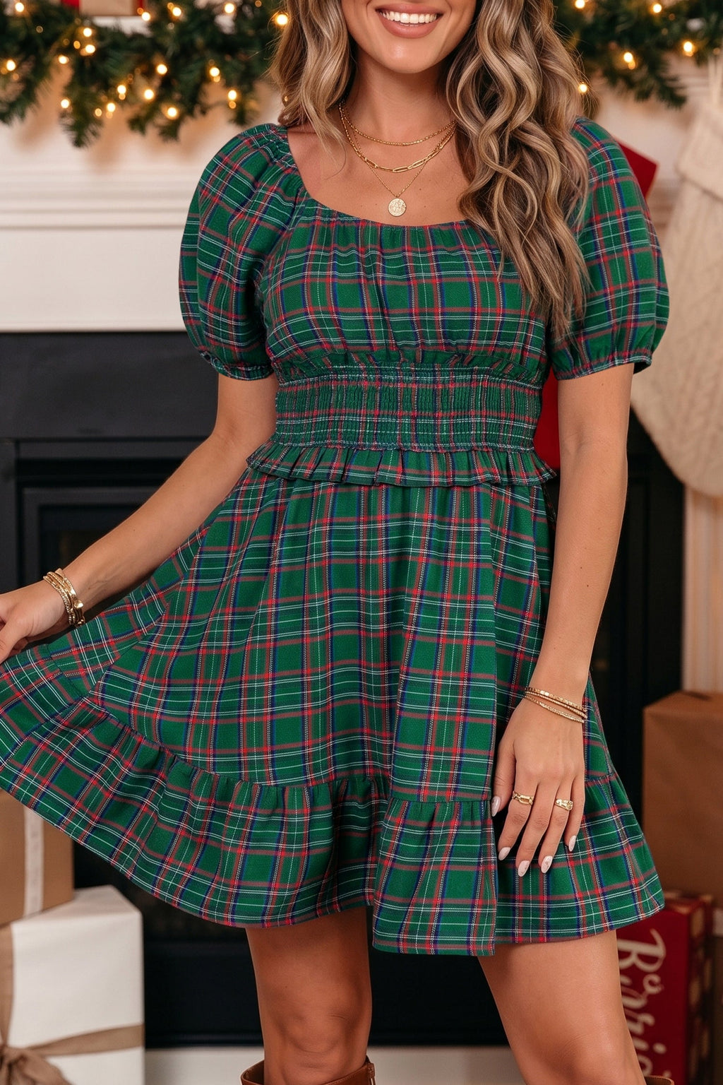 Plaid Shirred Scoop Neck Short Sleeve Mini Dress