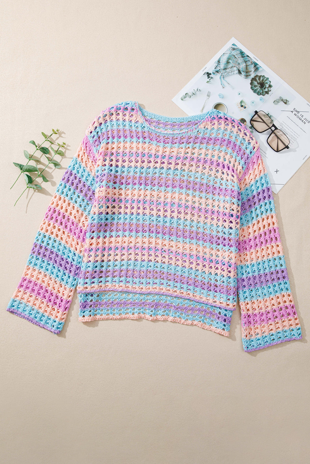 Stripe Open-Knit Beach Cover-Up Sweater