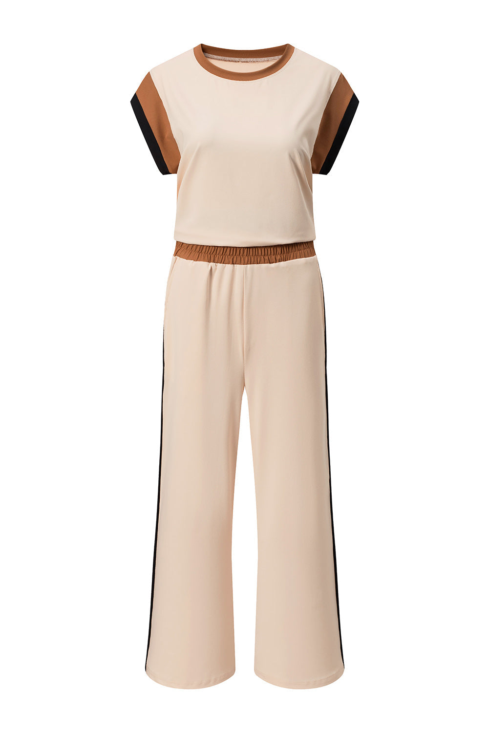 Colorblock Short Sleeve Top & Wide Leg Pants Set