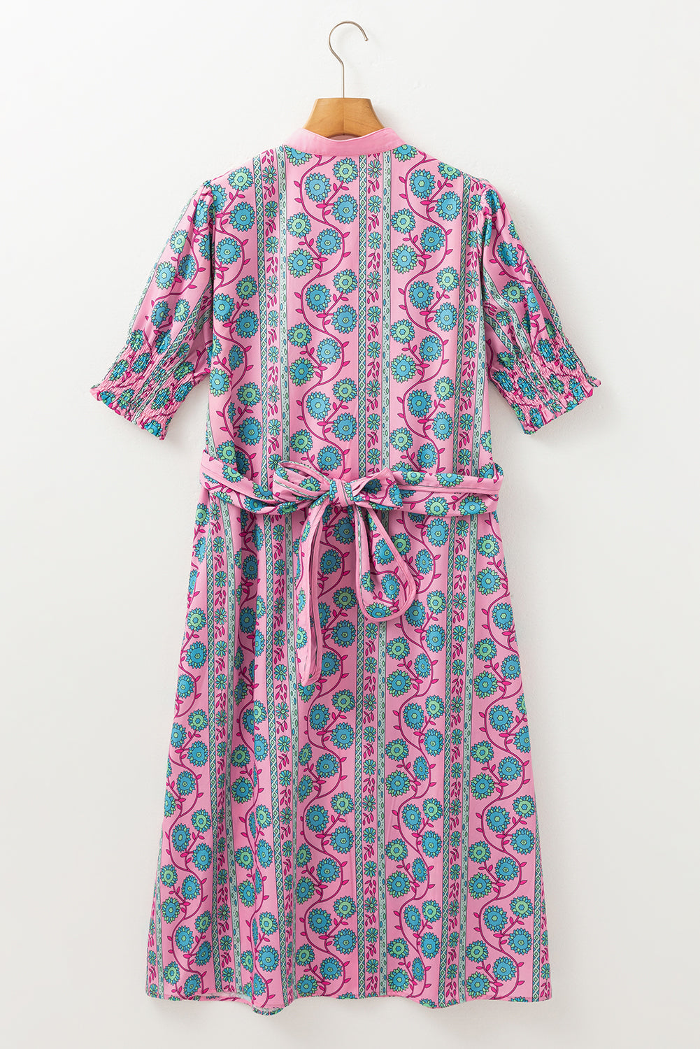 Floral Puff Sleeve Button Front Belted Midi Dress