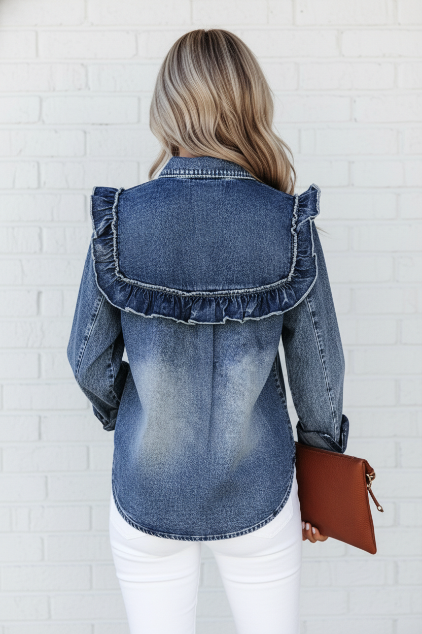 Denim Vintage Wash Ruffle Button-Down Shirt