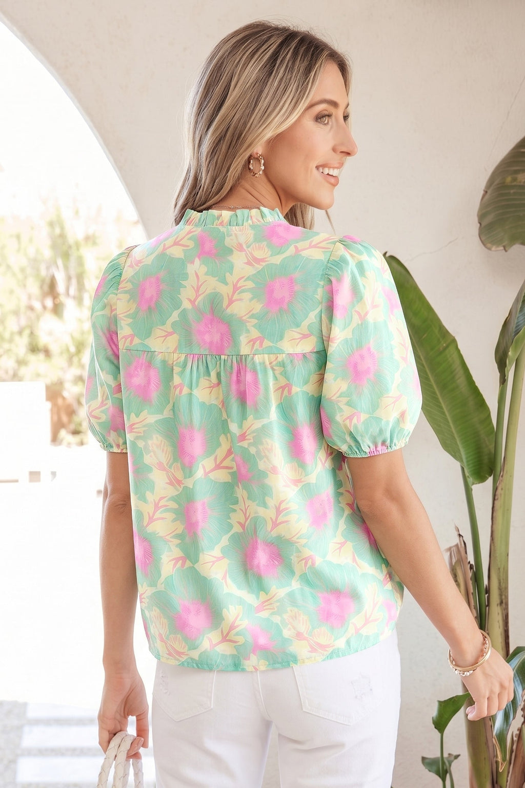 Floral Frilled V-Neck Bubble Sleeve Babydoll Blouse