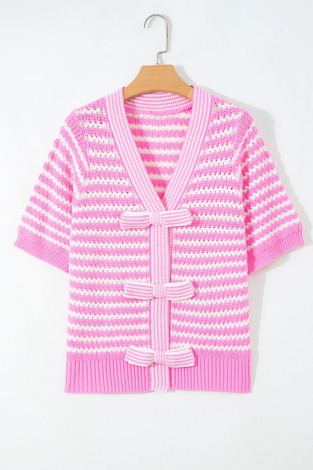 Stripe Bow Tie V-Neck Short Sleeve Sweater