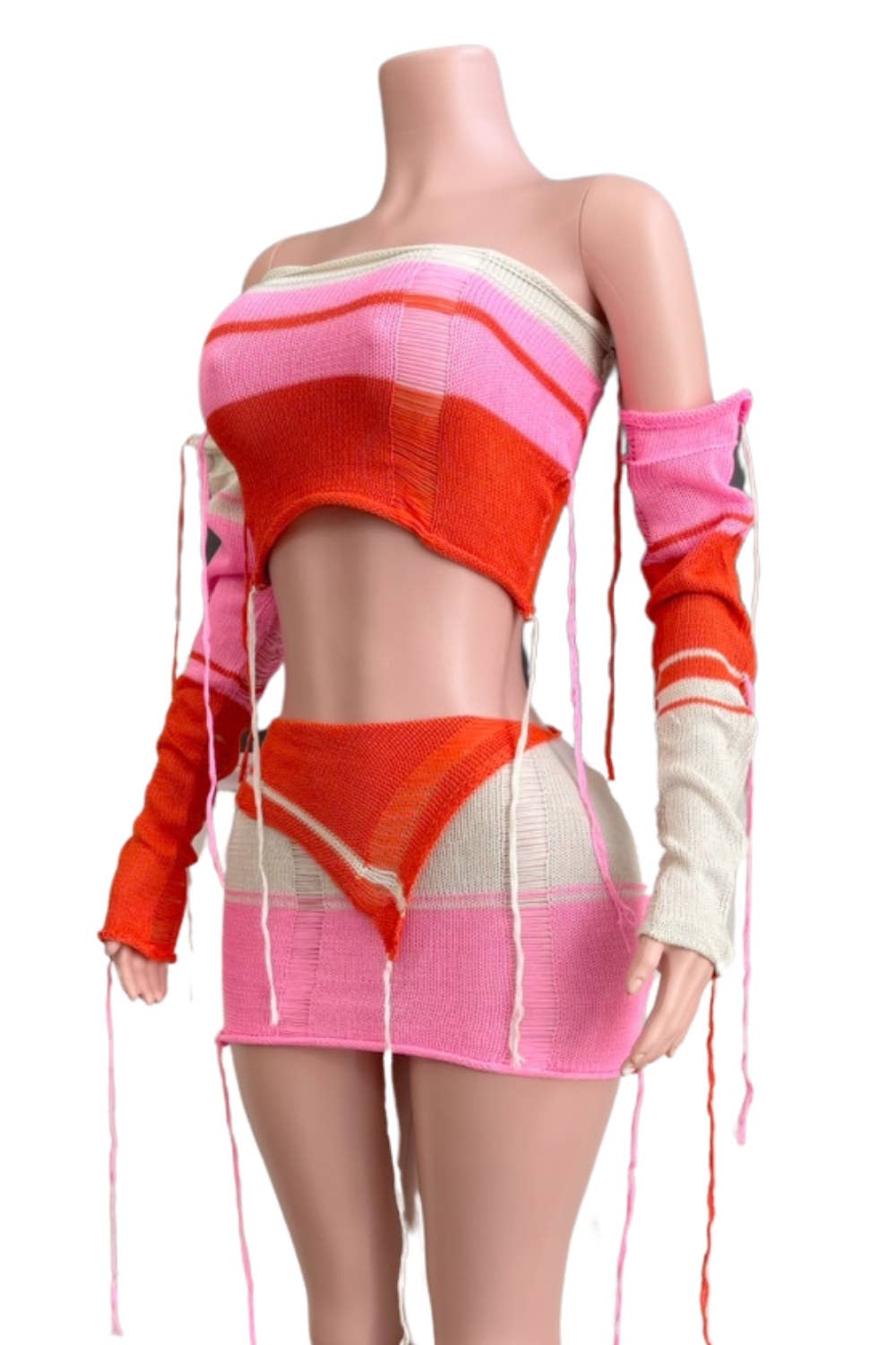 NC2017A Colorblock Distressed Knit Two-Piece Set: PINK MULTI / S-M-L (2-2-2)