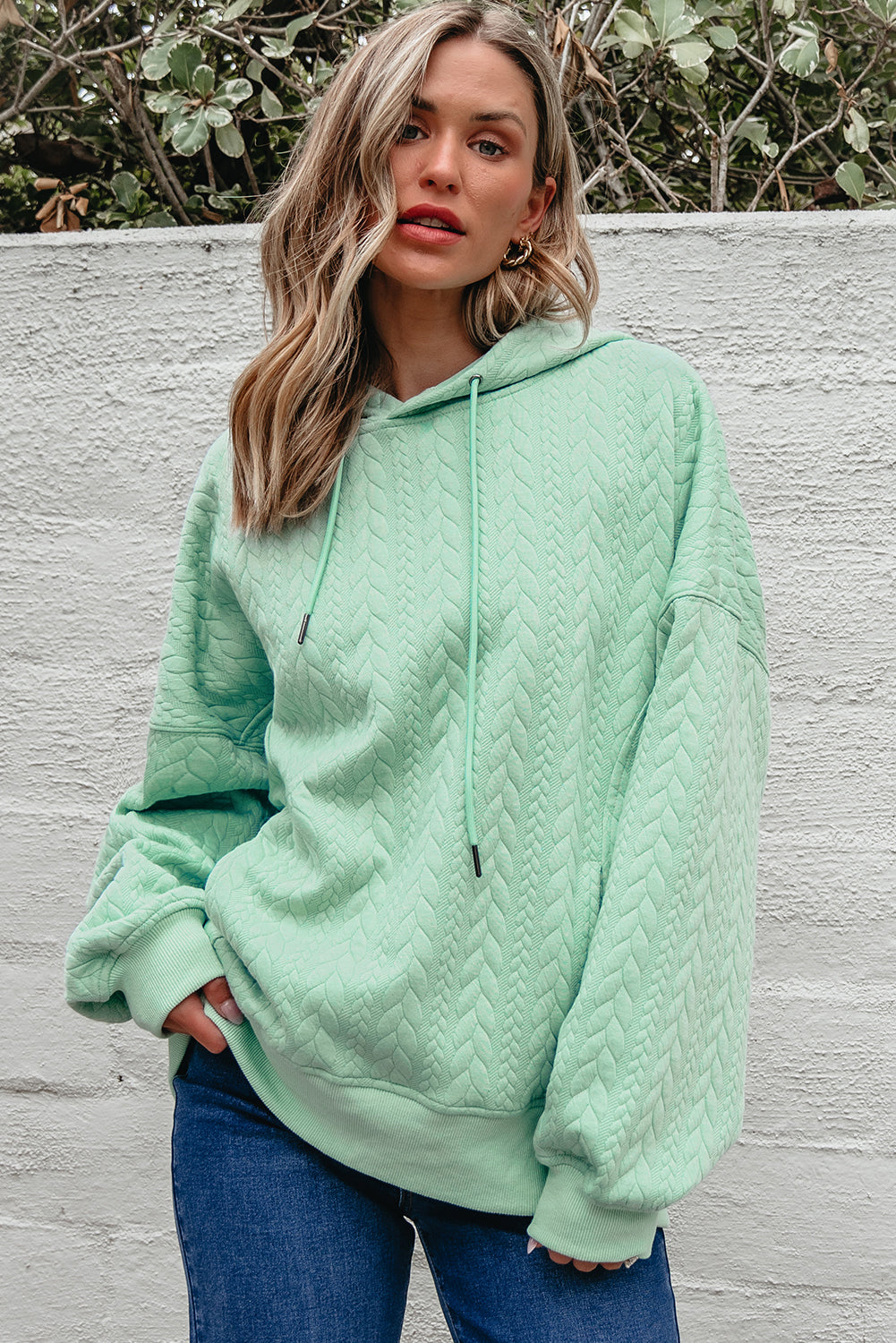 Solid Cable Textured Long Sleeve Baggy Hoodie