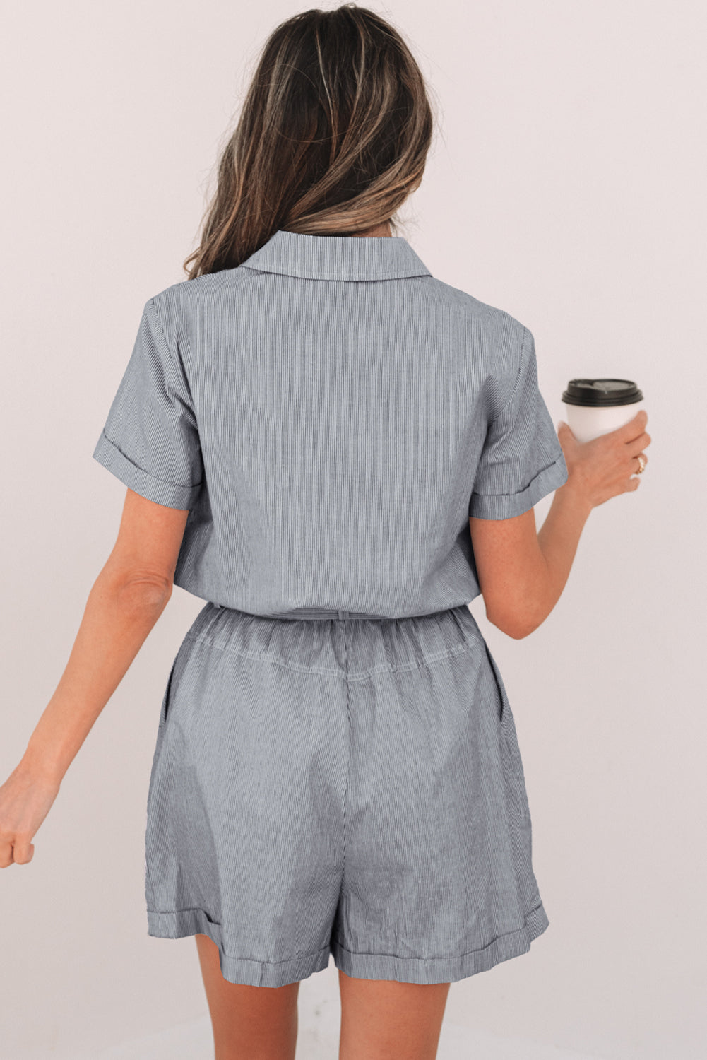 Stripe Chest Pockets Buttoned Collar Belted Romper