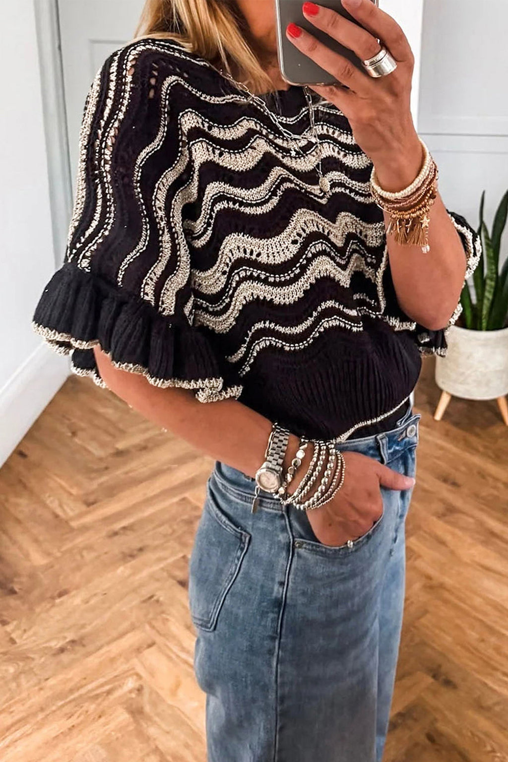 Wavy Stripe Ruffle 3/4 Sleeve Crochet Sweater