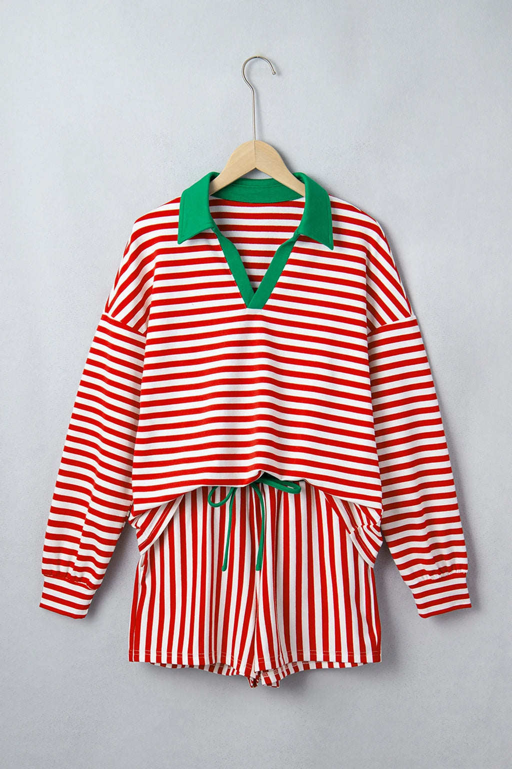 Stripe Colorblock Long Sleeve Collar Top & Shorts Set