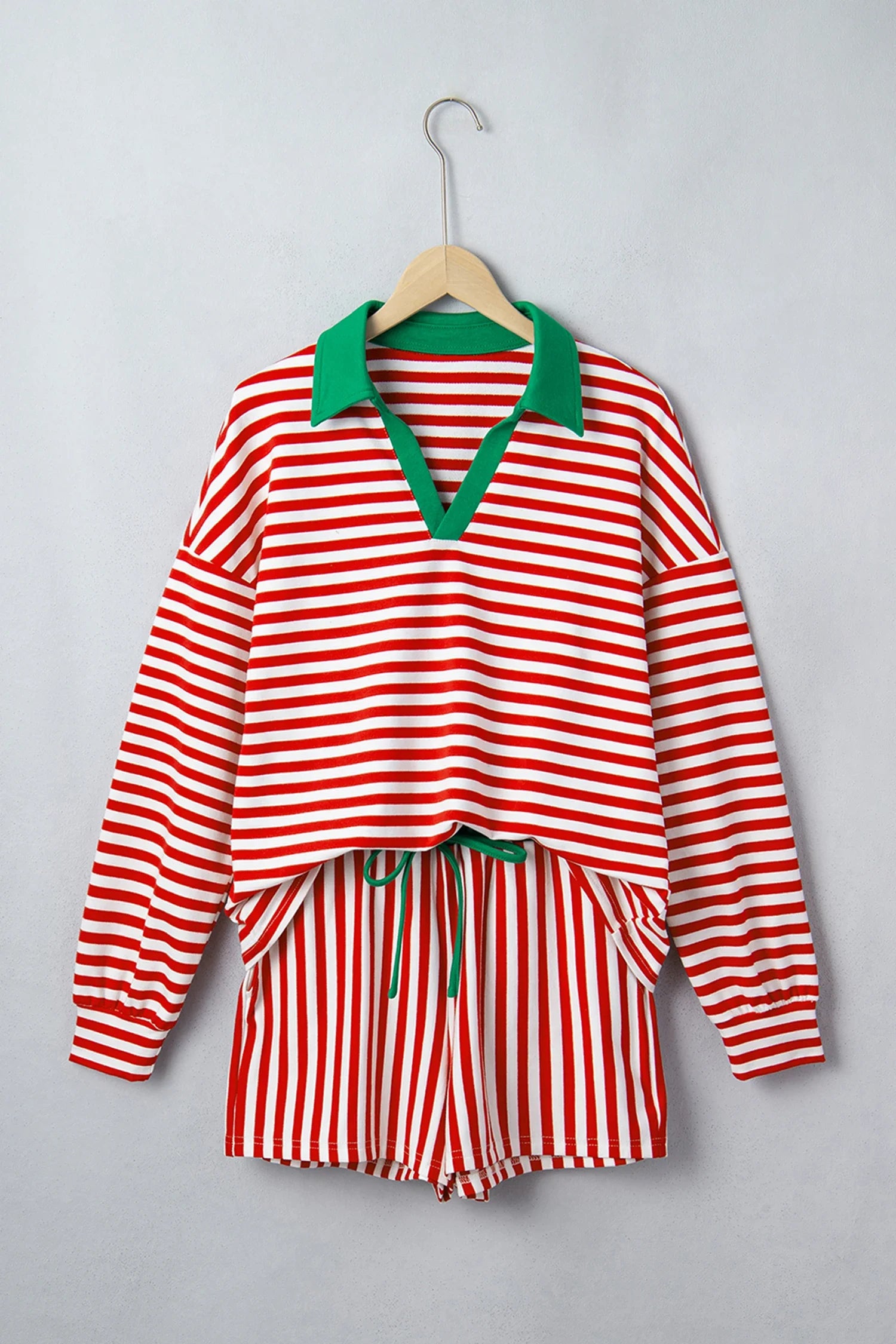 Stripe Colorblock Long Sleeve Collar Top & Shorts Set