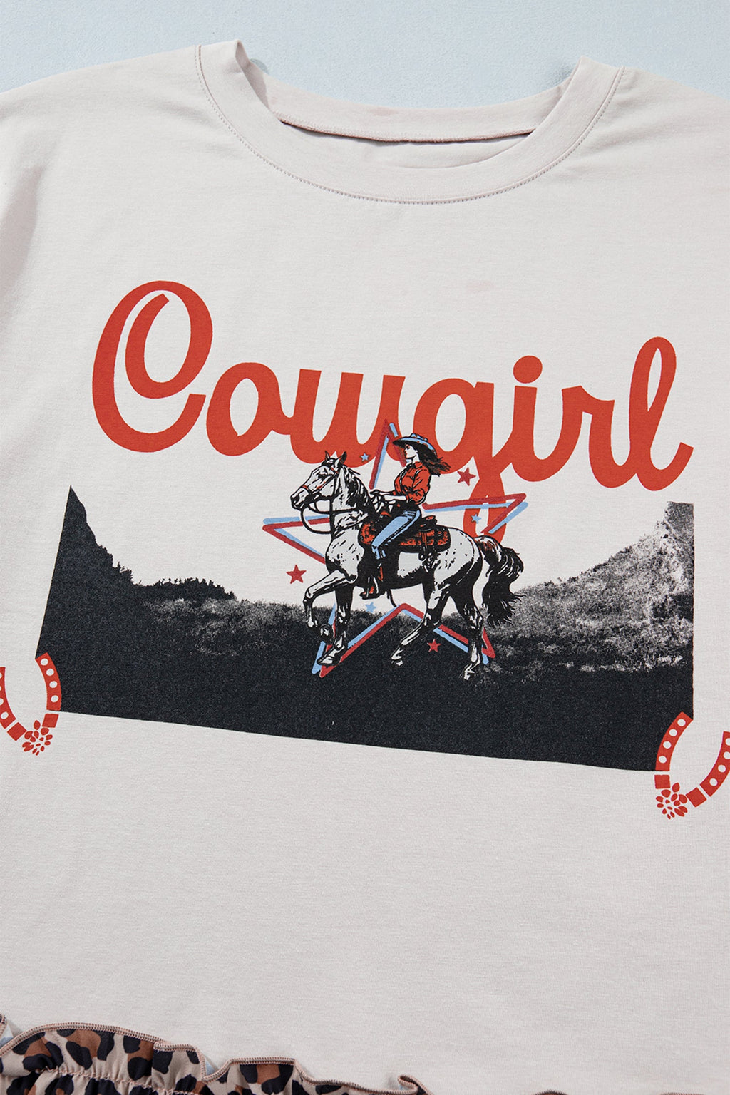 Western Cowgirl Leopard Patchwork Ruffle Hem T-Shirt