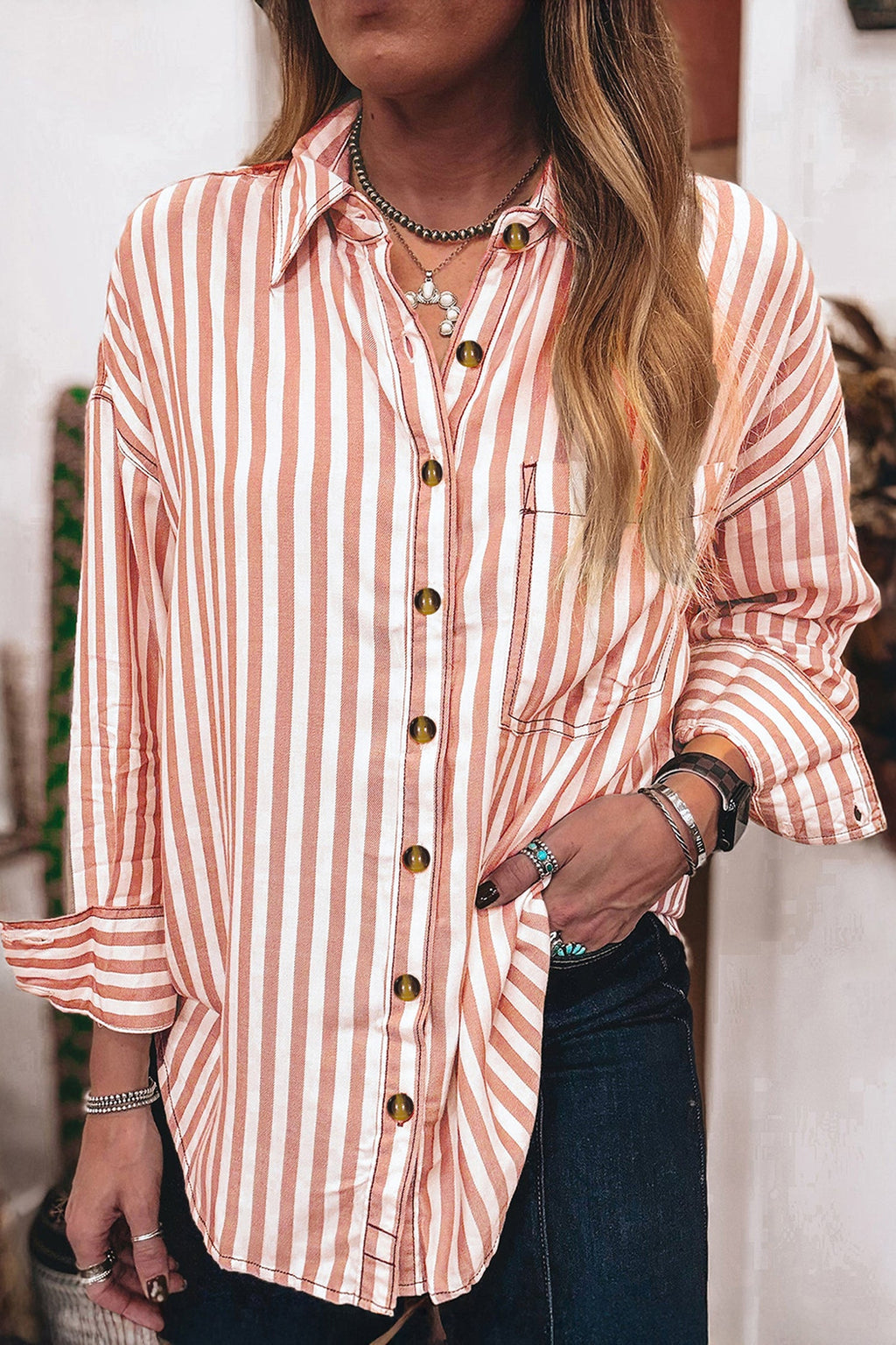 Western Stripe Button Down Long Sleeve Shirt