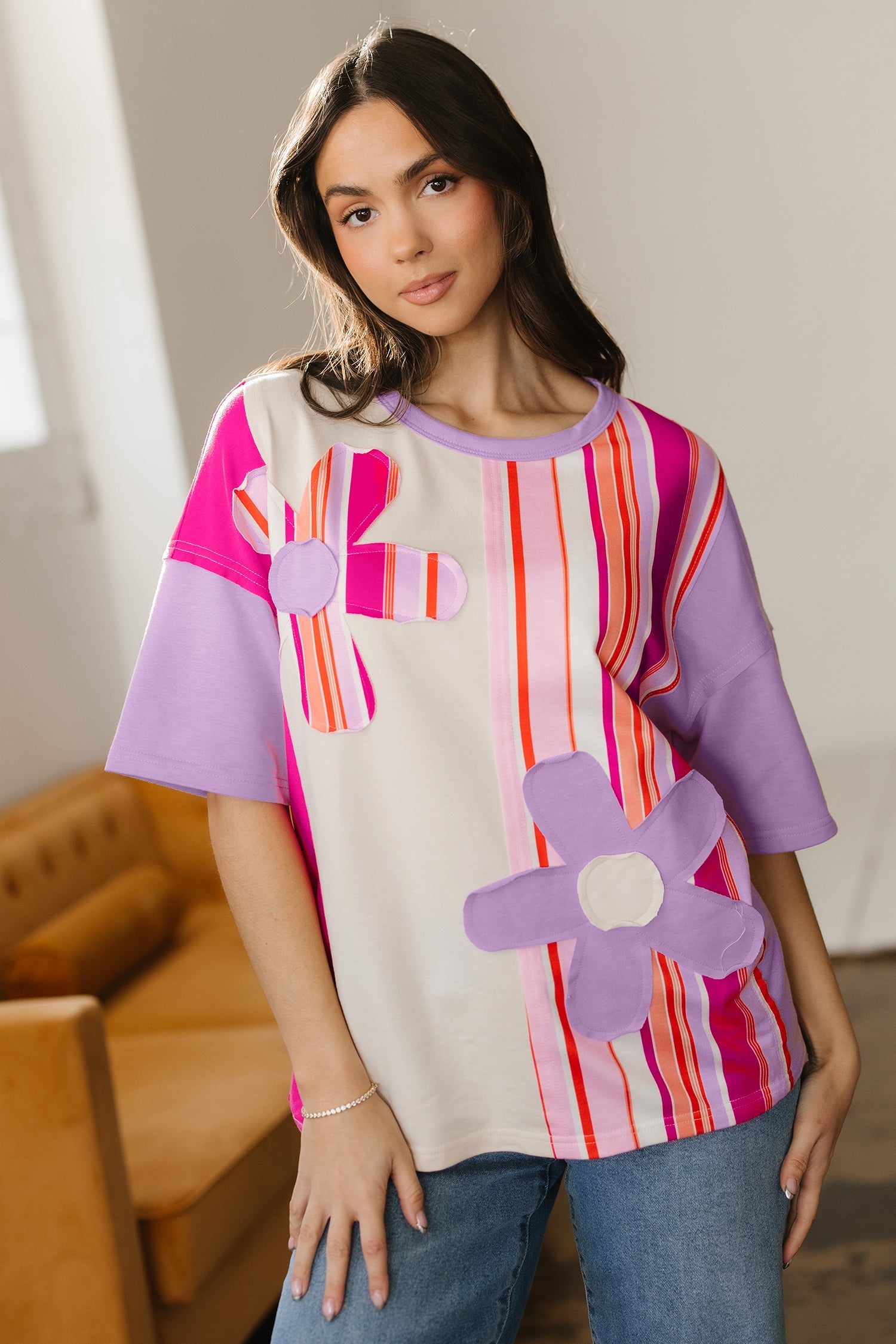 Flower Patch Stripe Colorblock Short Sleeve Top