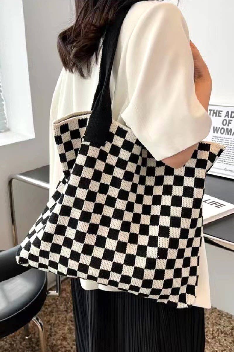 ",..Checkered Crochet Knitted Canvas Bag: BLACK-171216 / OS