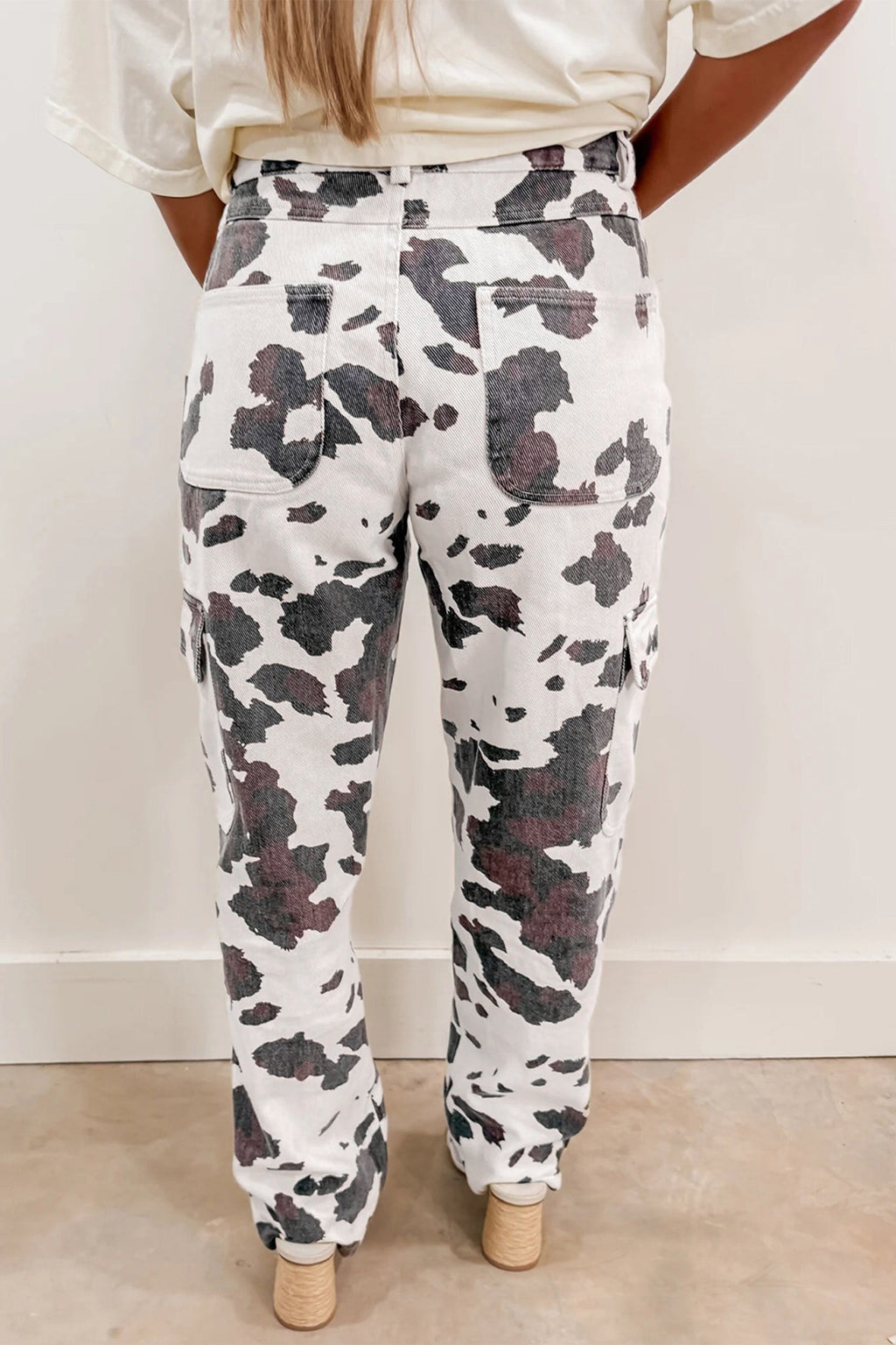 Western Cow Spot Cargo Pocket Straight Leg Jeans