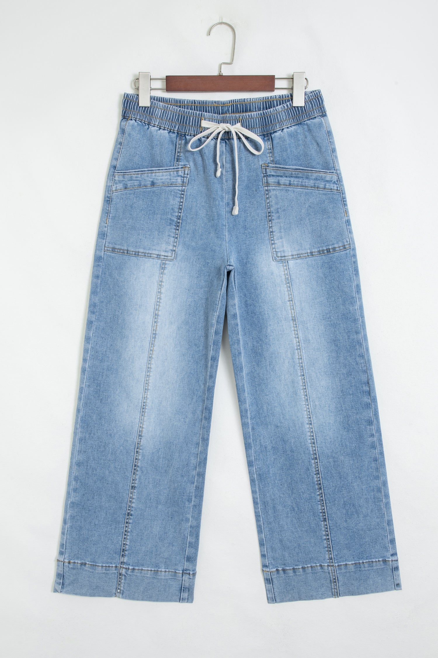 Denim Contrast Drawstring Waist Wide Leg Jeans