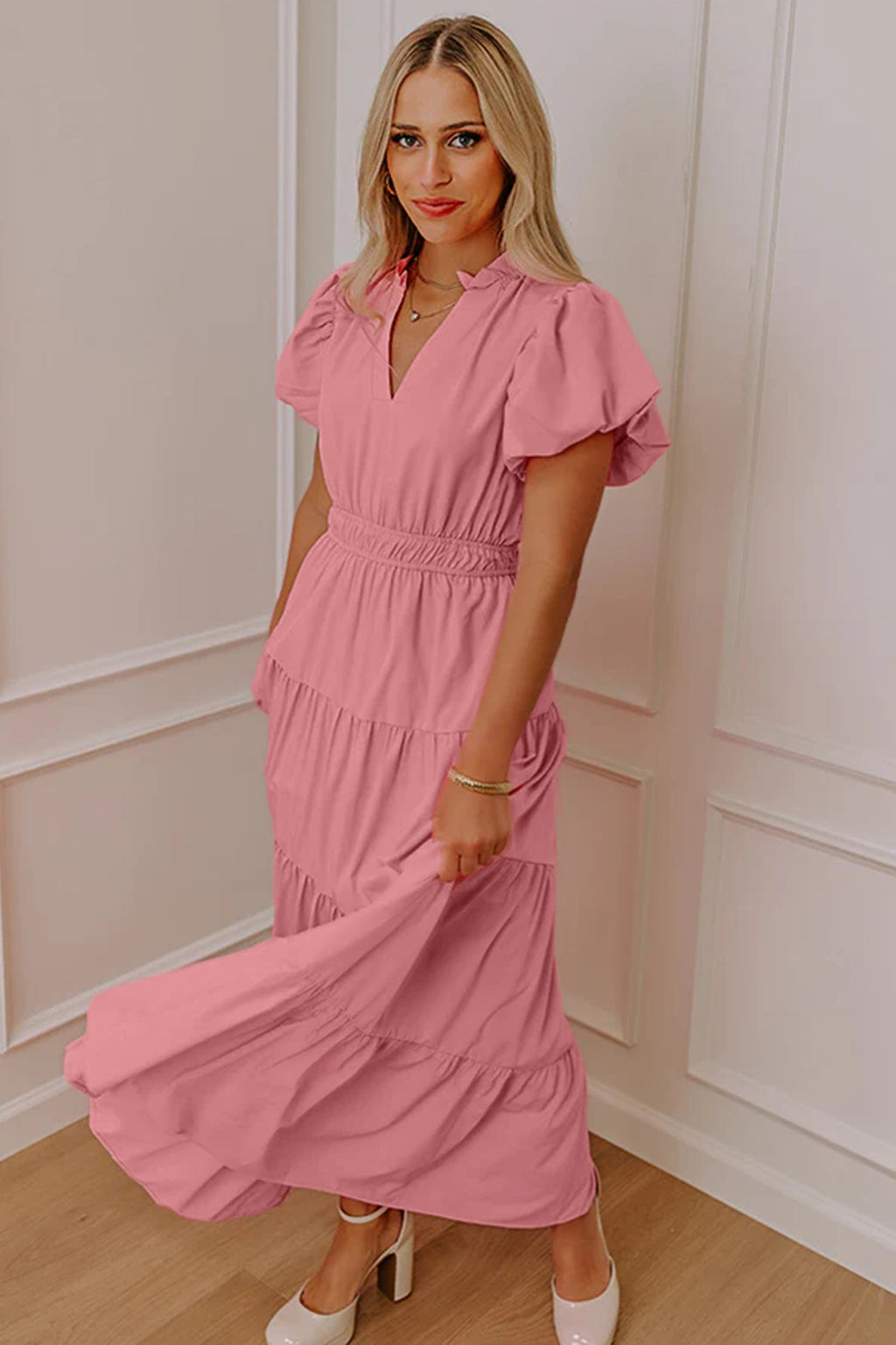 Solid V-Neck Short Puff Sleeve Tiered Maxi Dress