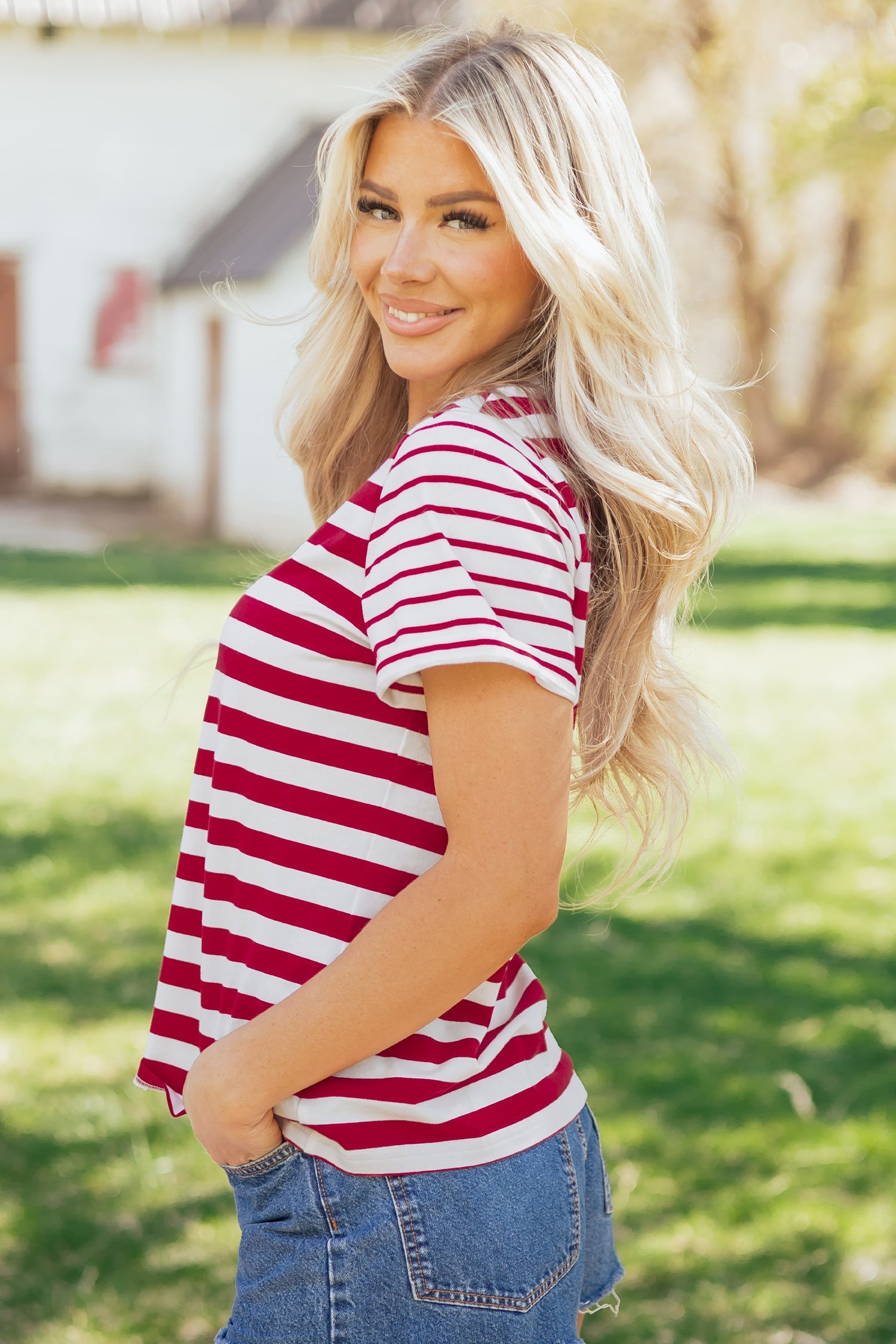 Stripe Patchwork Round Neck Short Sleeve T-Shirt