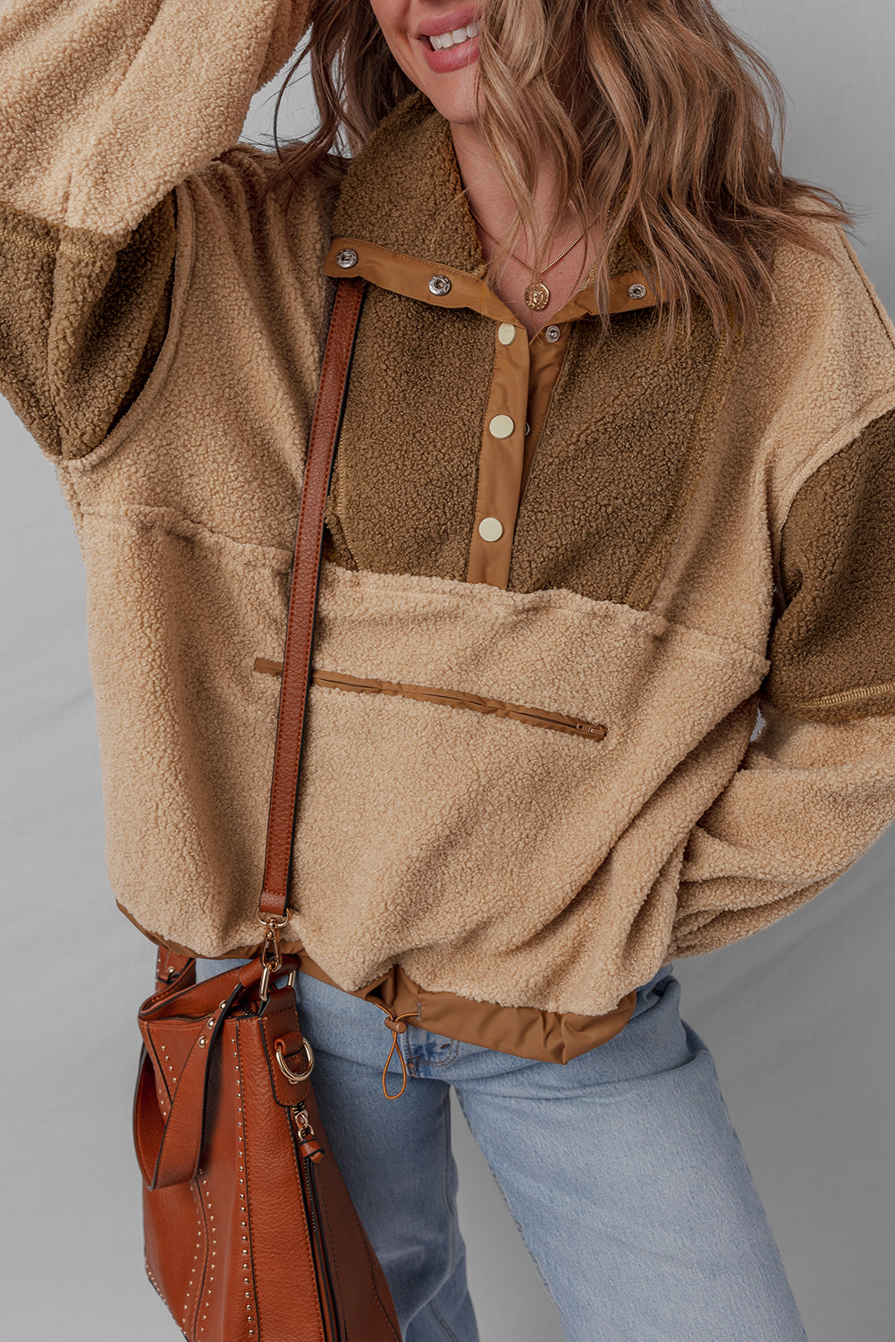 Colorblock Sherpa Patchwork Half Button Sweatshirt