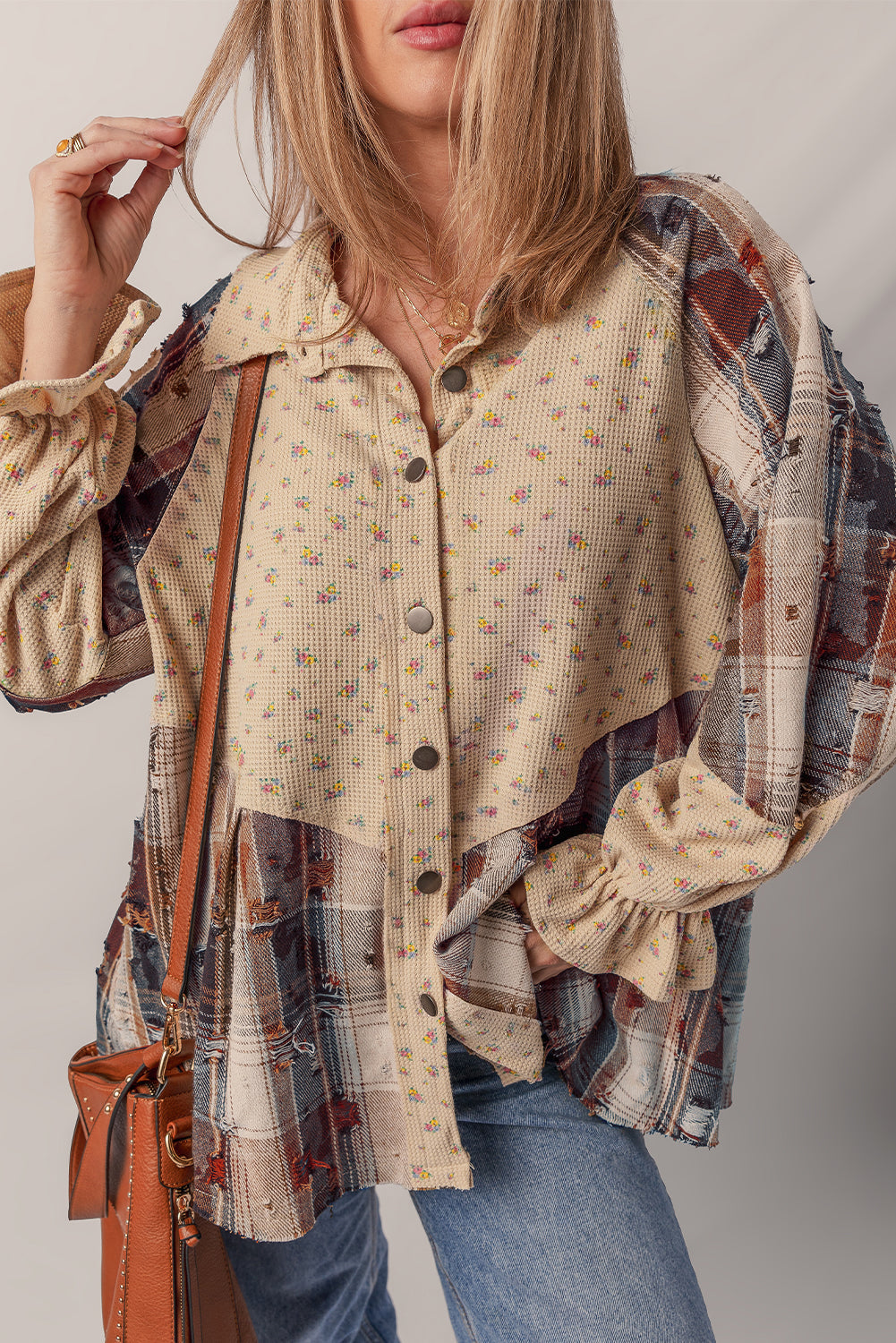 Floral Plaid Patchwork Ruffle Waffle Knit Shacket