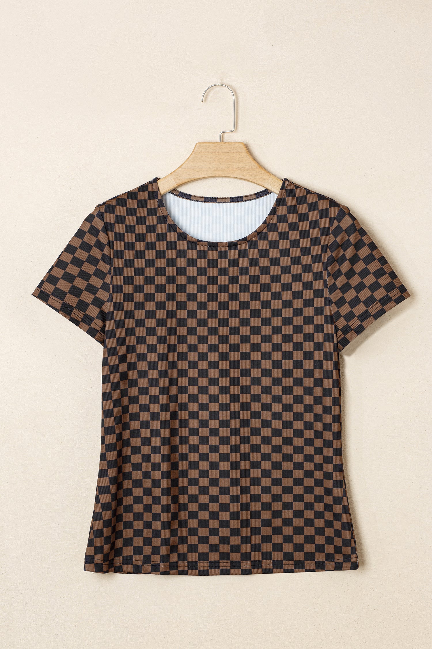 Checker Ribbed Knit Short Sleeve T-Shirt