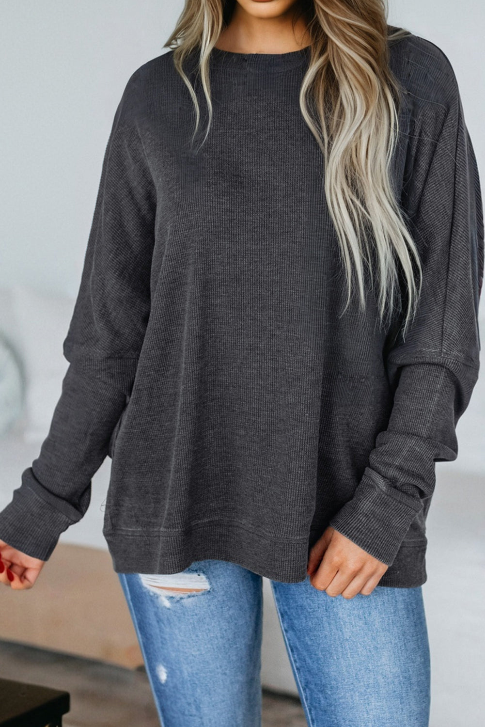 Waffle Knit Patchwork Long Sleeve Top